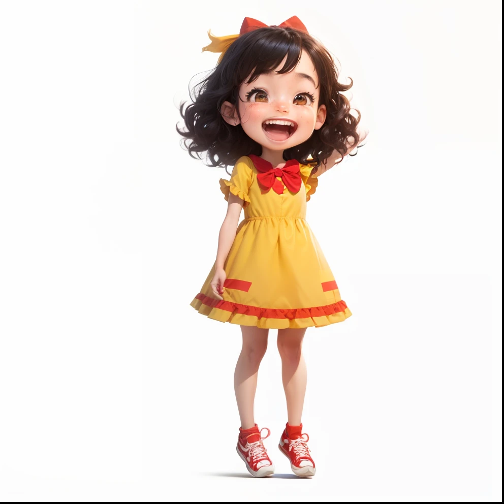Character, Pixar cartoon style, girl, laughing and jumping with joy, black, wavy hair, brown eyes, with yellow dress, red shoes, and red bow in her hair