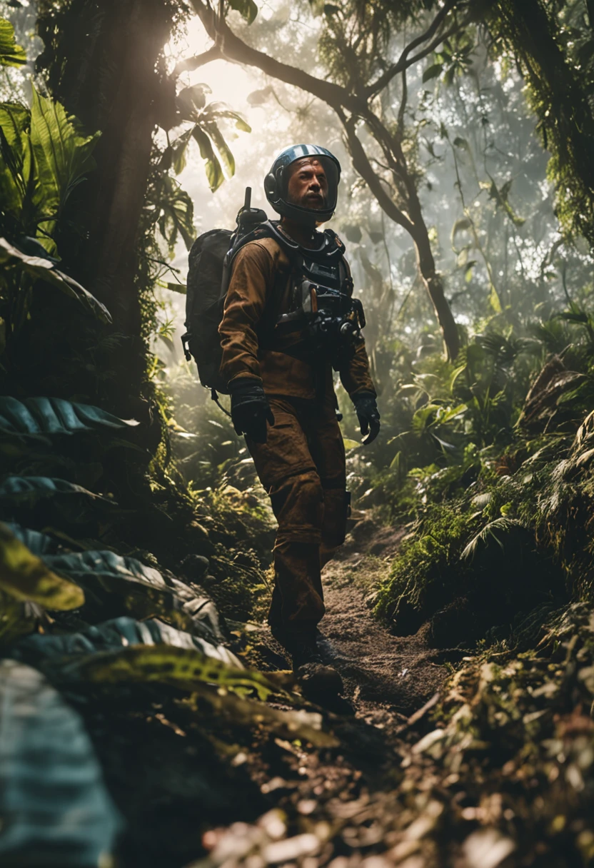 Astronaut walking in the jungle, sony a7r, 50mm lens, morningglow, 8K,of a real,Facial features are carefully depicted,Realistic skin texture,Dark style,depth of fields,high light,Real light,Ray traching,oc rendered,Hyper-realistic,best qualtiy,8K,Works of masters,super-fine,Detailed pubic hair,Correct anatomy,sharp focus on eyes,Bokeh,Facial features are carefully depicted