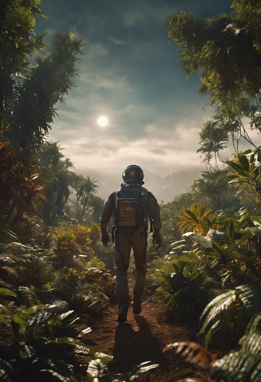 Astronaut walking in the jungle, sony a7r, 50mm lens, morningglow, 8K,of a real,Facial features are carefully depicted,Realistic skin texture,Dark style,depth of fields,high light,Real light,Ray traching,oc rendered,Hyper-realistic,best qualtiy,8K,Works of masters,super-fine,Detailed pubic hair,Correct anatomy,sharp focus on eyes,Bokeh,Facial features are carefully depicted