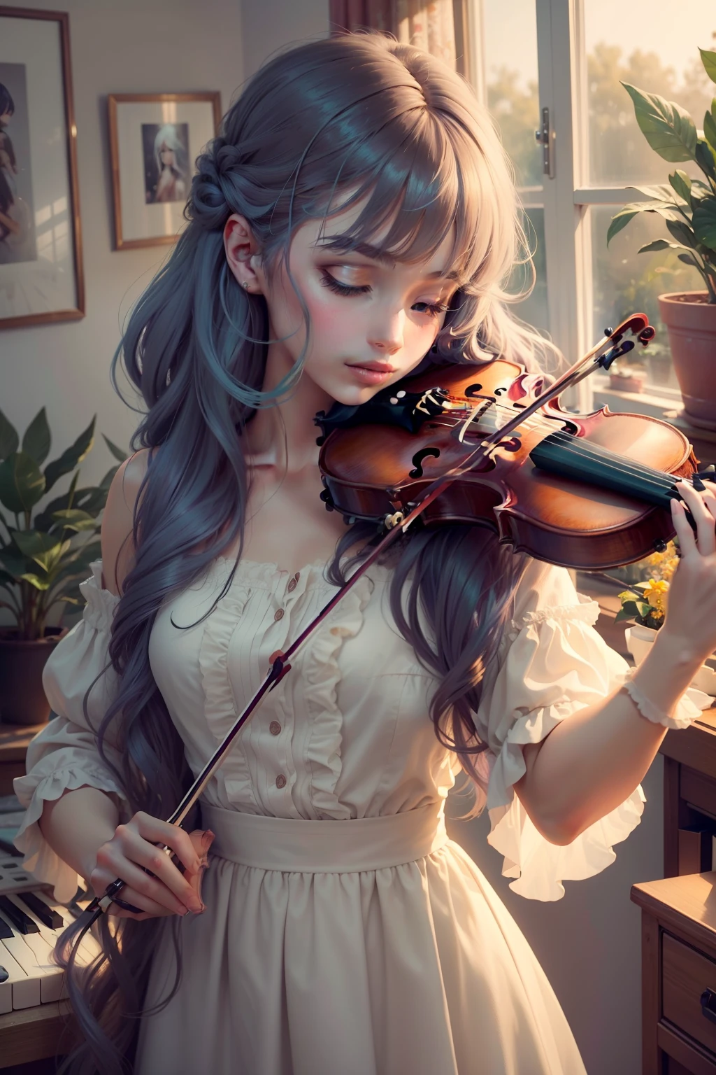 musician　The artists　playing violin　girl with　Hair long　Lashes　colourfull　Active　pop music　Music　Artistically　art by　colourfull　natural soft light　elegent　Beautiful　houseplant　Flowers in the room　Piece of art