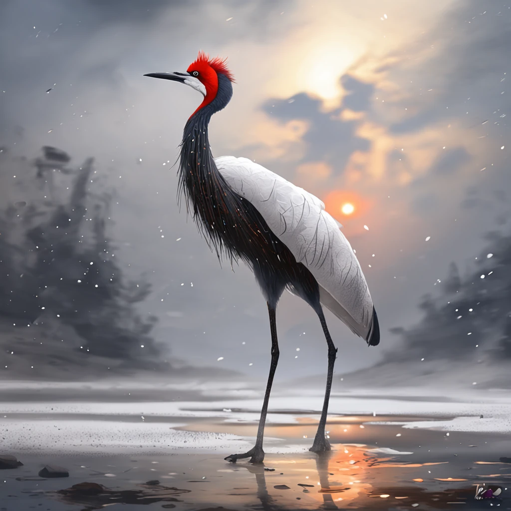 Red-crowned crane A shadow shaped like a walker, Starry night, Thick fog on the ground, Blue light on the horizon, Unreal Engine 5, Cinematic, low angle photography, Motion blur, Depth of field, Dust, Cobblestones and dirt. Splash Art, dripping paint. Perfect color grading. Influenced by Karel Appel and Jeremy Mann, Full of dramatic and threatening scenes, Hyper-detailed, Beautiful, insanely details, Intricate details, editorial photography, shot with a 50mm lens, Depth of field, Tilt Blur, Shutter speed 1/1000, f/22. Lightmaps, Super bright