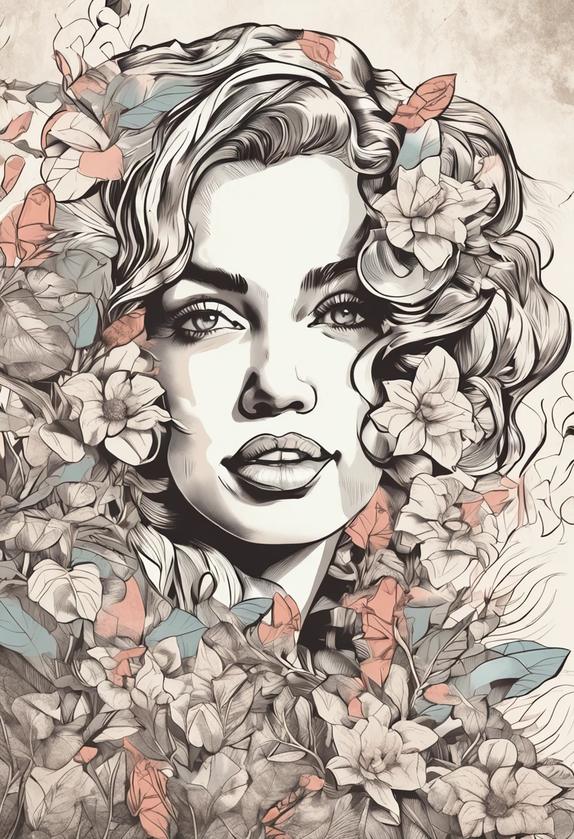 Marilyn Monroe, Vintage style , Ultra-fine plant stone, Draftsman lines, Digital illustration, Heavy ink, Minimalist botany, Beautiful and beautiful illustration masterpiece, Topaz AI post-editing