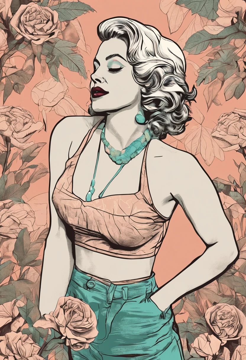 Marilyn Monroe, Vintage style , Ultra-fine plant stone, Draftsman lines, Digital illustration, Heavy ink, Minimalist botany, Beautiful and beautiful illustration masterpiece, Topaz AI post-editing