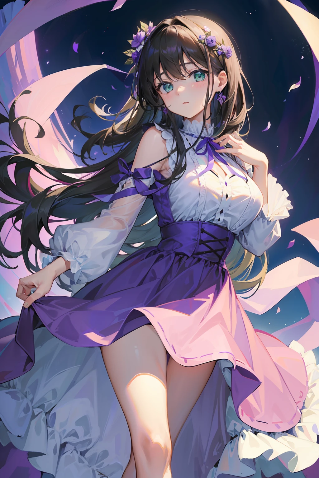1 girl in、(Angle from diagonally down)、Long Black Hair、Green eyes、Beautiful eyes、(large full breasts)、Purple outfit、Ribbons on clothes、(((frilld)))、(purple dress)、shortsleeves、Fluffy sleeves、(Queen's Department)、((Put one hand on your chest))、beautiful foot、Standing picture、is standing、Background of the live venue、(High resolution of the highest quality)、((masterpiece best quality:1.2)), [[Bad face]], [[Fused fingers]]