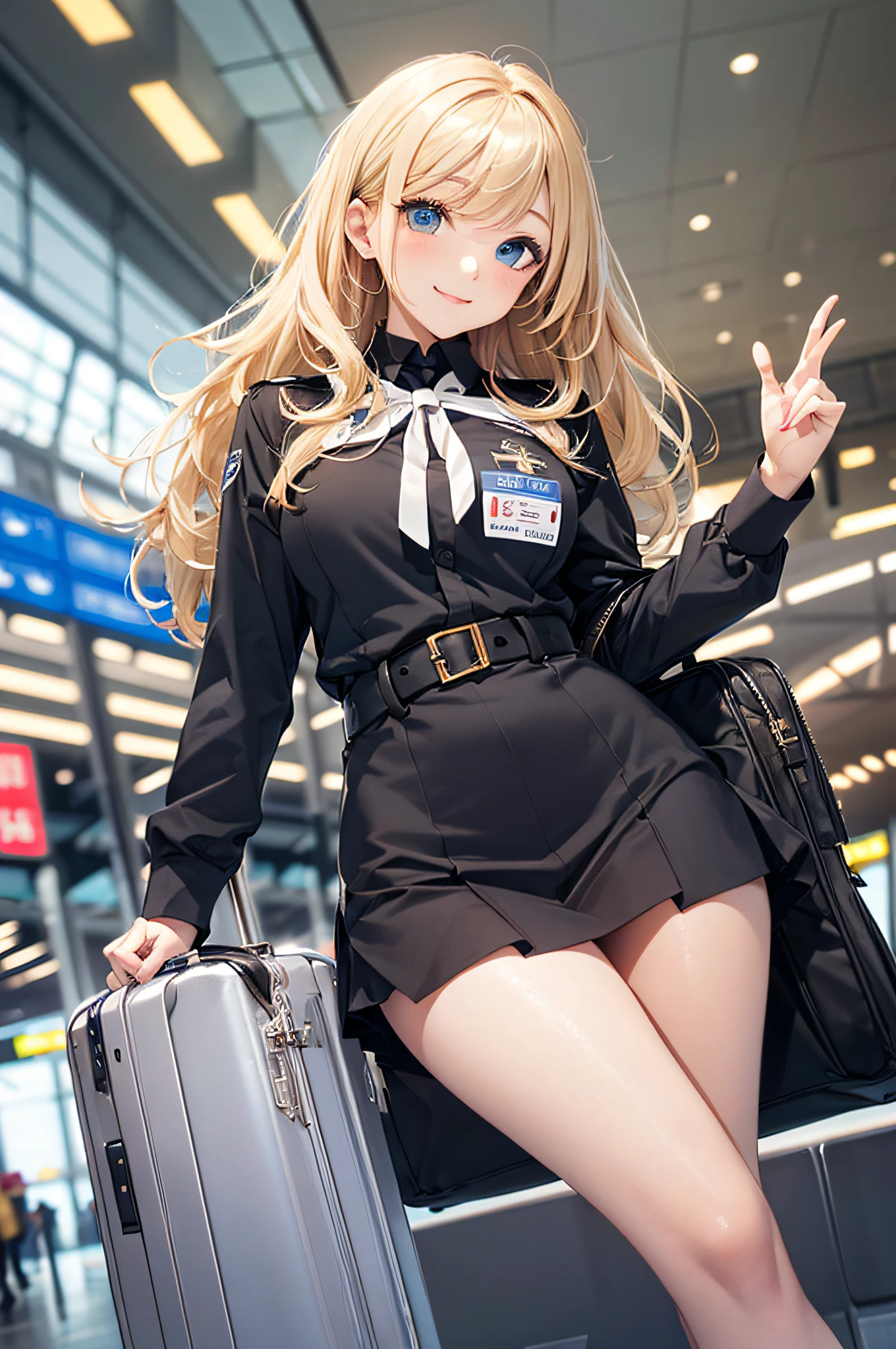 (Best Quality、Unity 8k壁纸、32K、masutepiece、ultra-detailliert、超A high resolution、Impresionismo、Photorealsitic:1.2)、Dynamic lighting、dynamic shot、Detailed 3D rendering、Detailed beautiful face and eyes、A slender、Medium bust、(Full body:1.2)、 Highly detailed background、(airport:1.4)、beauitful face、16-year-old beautiful girl、shiny white skin、Beautiful golden hair、Wavy Hair、Medium Hair、blue eyess、Stewardess uniform、pantyhose、Black shoes、A smile、Carry Case、thighs thighs thighs thighs、
