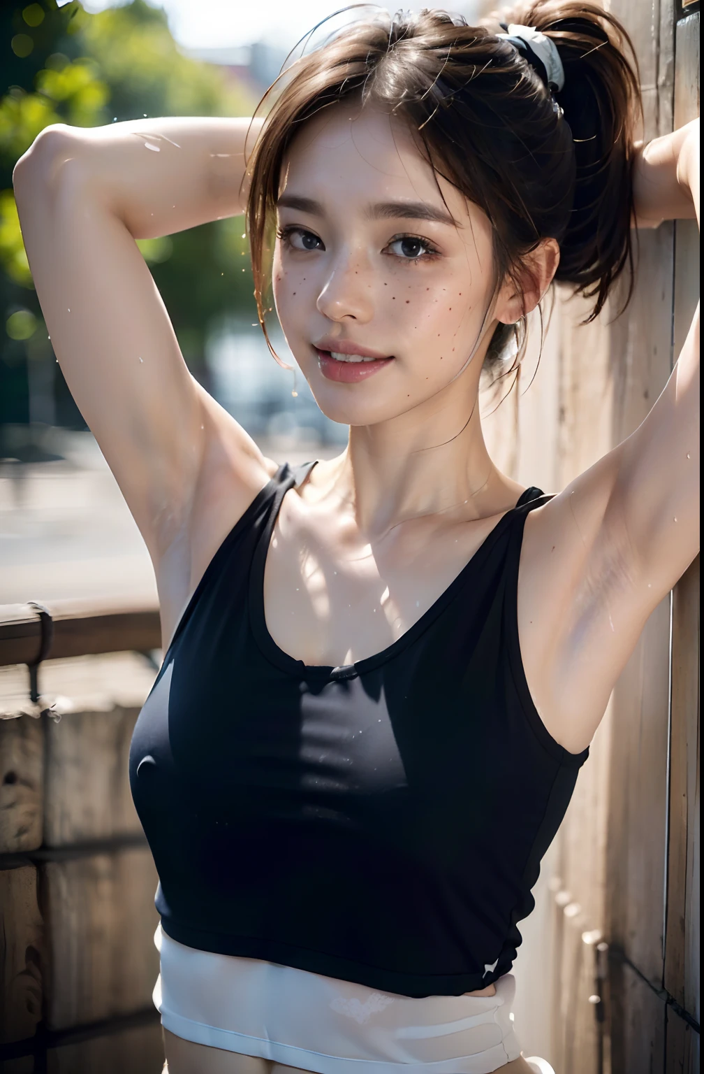 ((Show underarms、Armpit、oiled slimy armpits:1.15、Oiled tecateca armpits:1.15、Detailed wrinkles in the armpits:1.8、Wrinkles under the armpits:1.8、Sweaty face、Show me your armpits、The body is turned to the front、A hyper-realistic、Armpit、Bright armpits:1.8、Shine a light in the armpits:1.8、Detailed armpit wrinkles、Detailed armpit pores、Realistic armpit skin、Shine a light in the armpits、Bright armpits、no-bra、Sweat-soaked white sleeveless tank top)), (no-bra、ssmile、on the park、Alone girl in the park、illustratio、no-bra、Sweat-drenched sleeveless tank top、White panty), (hight resolution), (8K), (ighly detailed), (The best illustrations), (armpit pose、beatiful detailed eyes), (top-quality), (ultra-detailliert), (​masterpiece), (wall-paper), (详细的脸), *********** girl、Freckles on the face、Show shiny wrinkled armpits,Brown hair,high-ponytail Hairstyle、Upper body only,Navel is visible、No bra、Girl in sweaty white tank top without sleeves, japanes,