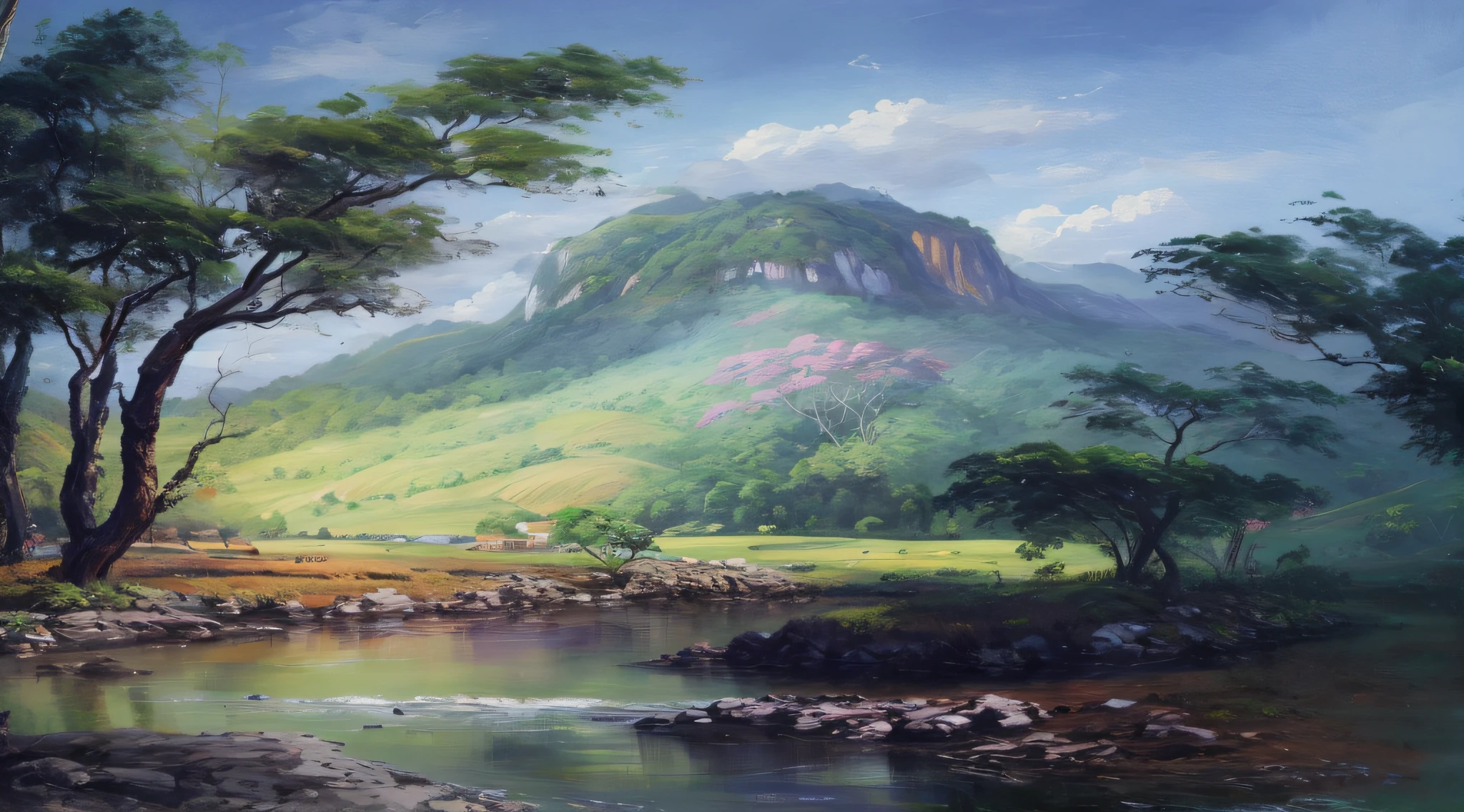 pintura de um rio que atravessa um vale verde exuberante com montanhas ao fundo, colinas fluidas, 8k resolution digital painting, 8k resolution digital painting, Pintura digital 4K, Pintura digital 4k, pintura digital detalhada, baixo detalhamento. pintura digital, Pintura Digital de Alto Detalhe, peaceful landscape, rio, trees and hills, pintura detalhada 4K, pintura digital 4k