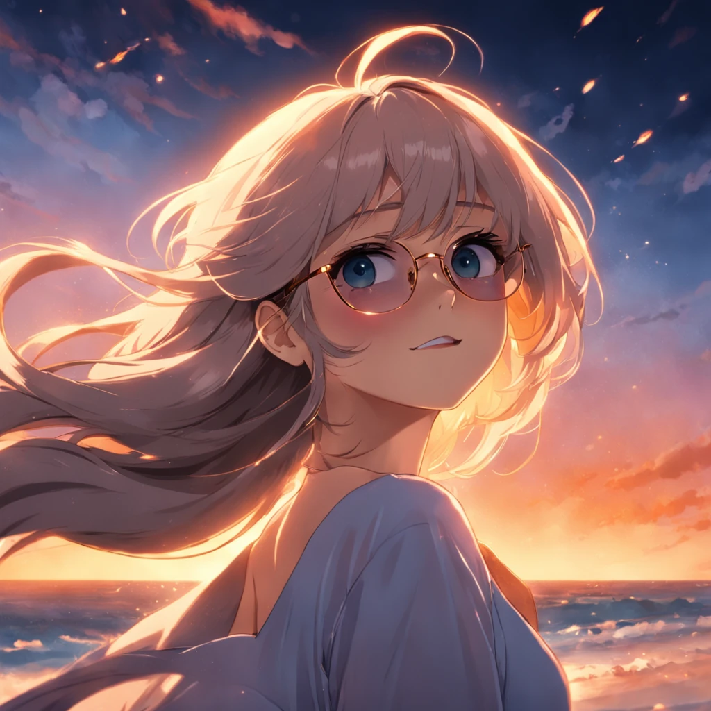 masterpiece, best quality, movie still, a beautiful girl wearing a long dress with sunglasses, close-up, bright, happy, warm soft lighting, sunset, (sparks:0.7)