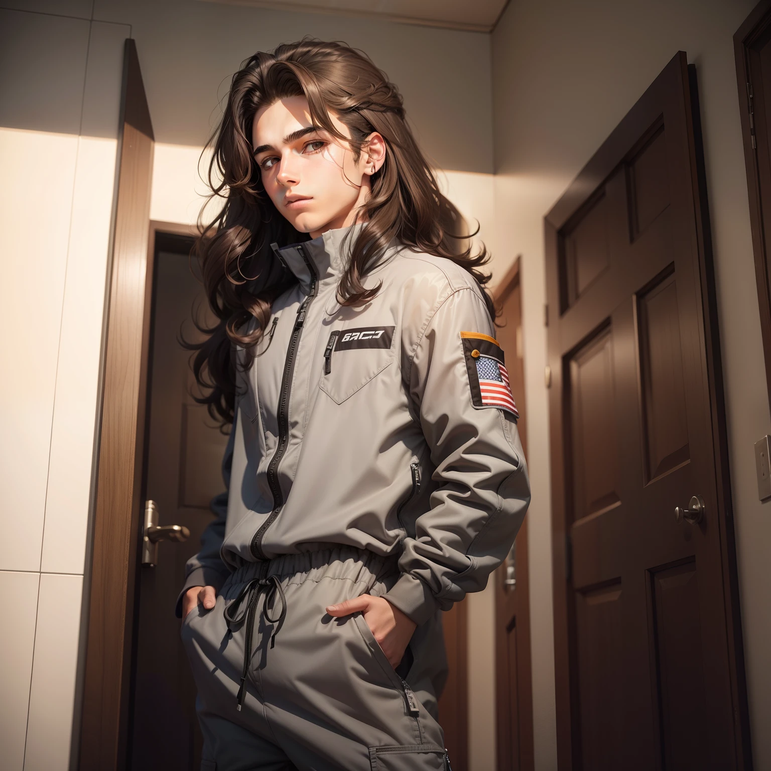 16 year old boy big brown hair with a gray jumpsuit
