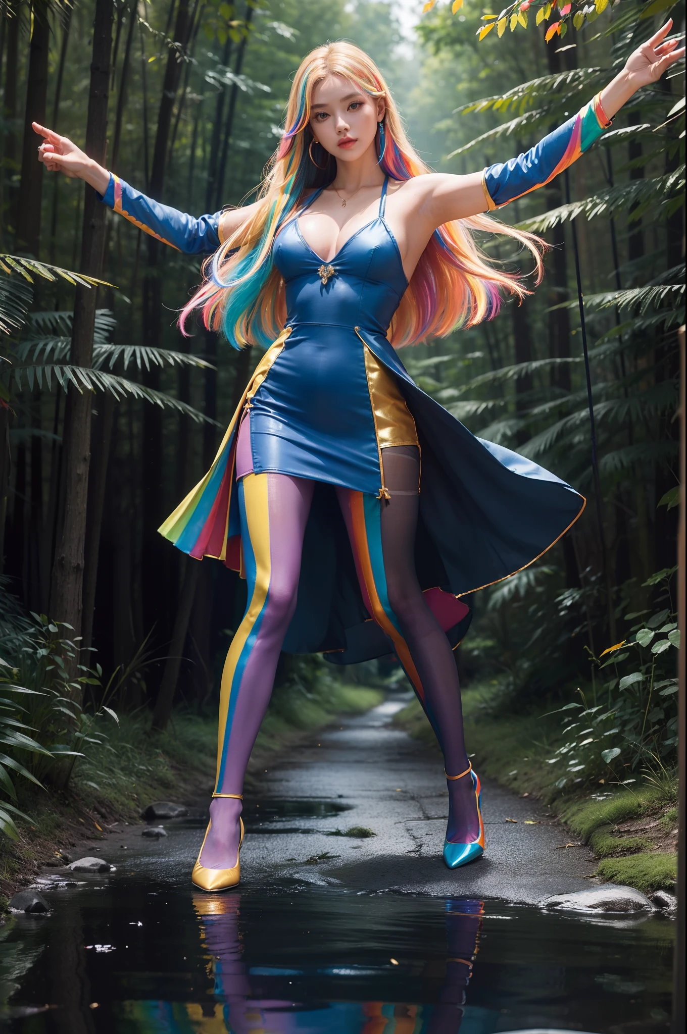 (full body:2),(1girl:1.3),(view the viewer:1.4),(anatomy correct:1.4),(((colorful pantyhose)):1.3), (pointed thick heels :1.3),,((Dancing By the creek in the forest):1.2),((Medieval aristocratic knee-length dress suit):1.3),(Extra Long blonde Hair:1.2),(Accurate and perfect face:1.3),(Long legs and big feet:1.3),((Polished clothing):1.2),((Skin reflection , Skin Gloss):1.2),((((( colorful)))):1.5),hyper HD, Ray traching, reflective light, structurally correct, Award-Awarded, high detail, lighten shade contrast, Face lighting ,cinematic lighting, masterpiece, super detailing, high quality, high detail, best quality, 16k,High contrast,