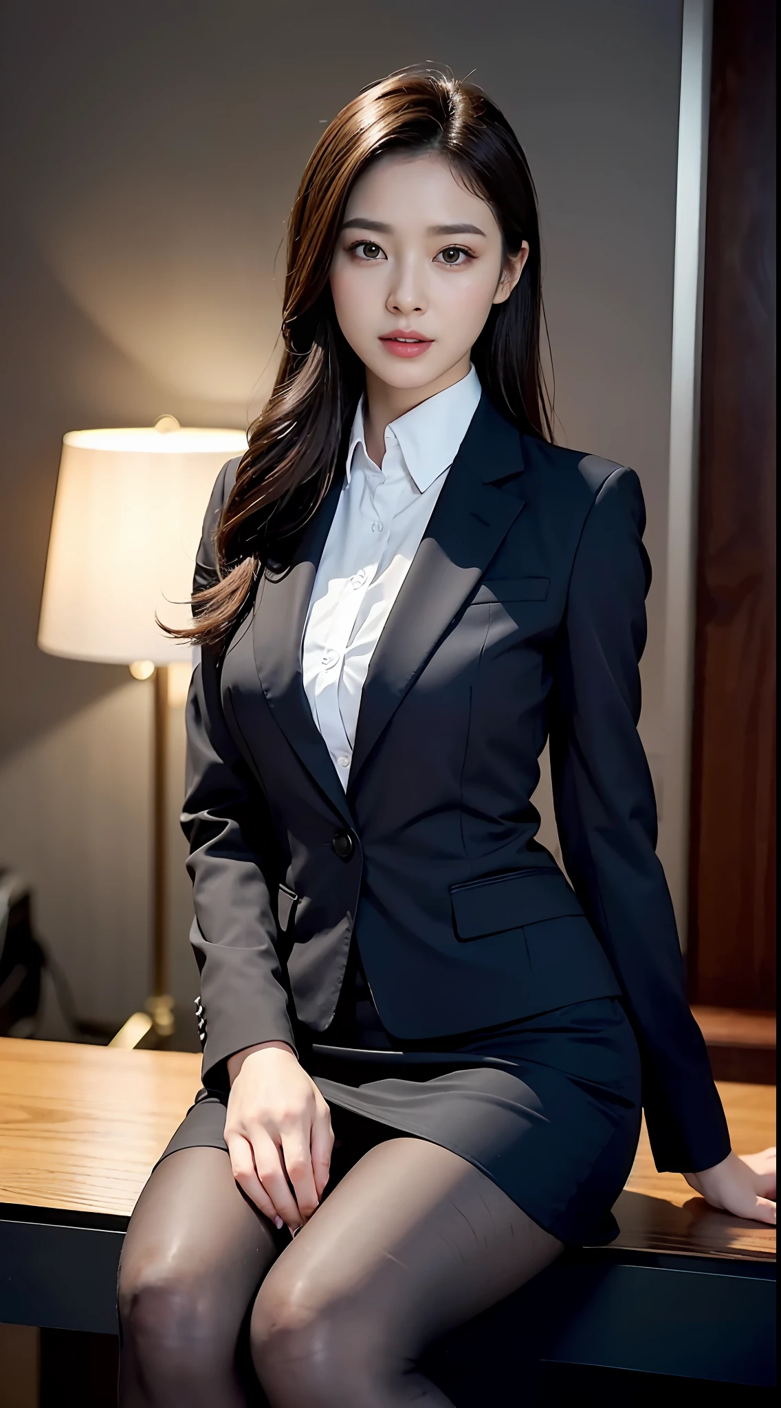 Classy upper-class elite secretary in business shirt, Working in the office、Wearing a strict business suit, Wearing pantyhose、Wear high-end high heels、 Girl in a shirt, Wearing a business suit, Wearing a business suit, in a business suit, businesswoman, business clothes, wearing black business suit, Wear a shirt and skirt, Woman in business suit, Business attire, business outfit, Raw photo, (8K、top-quality、​masterpiece:1.2)、(intricate detailes:1.4)、(Photorealsitic:1.4)、octane renderings、Complex 3D rendering ultra detail, Studio Soft Light, Rim Lights, vibrant detail, super detailing, realistic skin textures, Detail Face, Beautiful detail eyes, Very detailed CG Unity 16k wallpaper, make - up, (detailedbackground:1.2), Exposed thighs!!!,