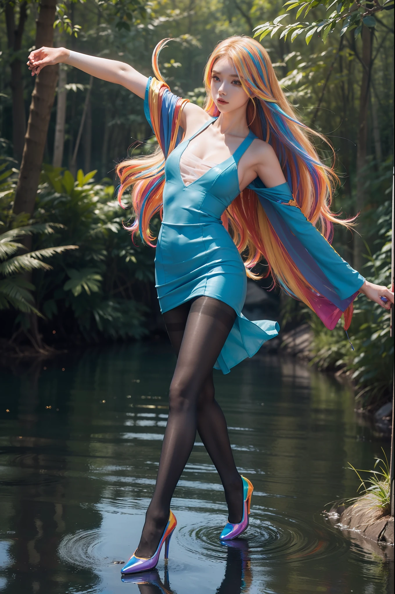 (full body:2),(1girl:1.3),(view the viewer:1.4),(anatomy correct:1.4),(((colorful pantyhose)):1.3), (pointed thick heels :1.3),,((Dancing By the creek in the forest):1.2),((Medieval aristocratic knee-length dress suit):1.3),(Extra Long blonde Hair:1.2),(Accurate and perfect face:1.3),(Long legs and big feet:1.3),((Polished clothing):1.2),((Skin reflection , Skin Gloss):1.2),((((( colorful)))):1.5),hyper HD, Ray traching, reflective light, structurally correct, Award-Awarded, high detail, lighten shade contrast, Face lighting ,cinematic lighting, masterpiece, super detailing, high quality, high detail, best quality, 16k,High contrast,