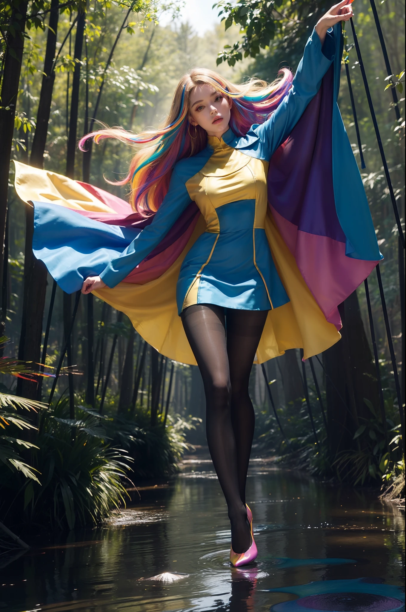 (full body:2),(1girl:1.3),(view the viewer:1.4),(anatomy correct:1.4),(((colorful pantyhose)):1.3), (pointed thick heels :1.3),,((Dancing By the creek in the forest):1.2),((Medieval aristocratic knee-length dress suit):1.3),(Extra Long blonde Hair:1.2),(Accurate and perfect face:1.3),(Long legs and big feet:1.3),((Polished clothing):1.2),((Skin reflection , Skin Gloss):1.2),((((( colorful)))):1.5),hyper HD, Ray traching, reflective light, structurally correct, Award-Awarded, high detail, lighten shade contrast, Face lighting ,cinematic lighting, masterpiece, super detailing, high quality, high detail, best quality, 16k,High contrast,