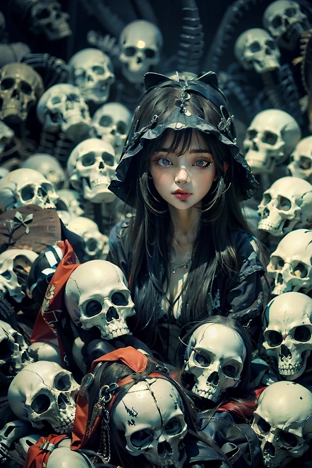 Girl surrounded by skeletons、