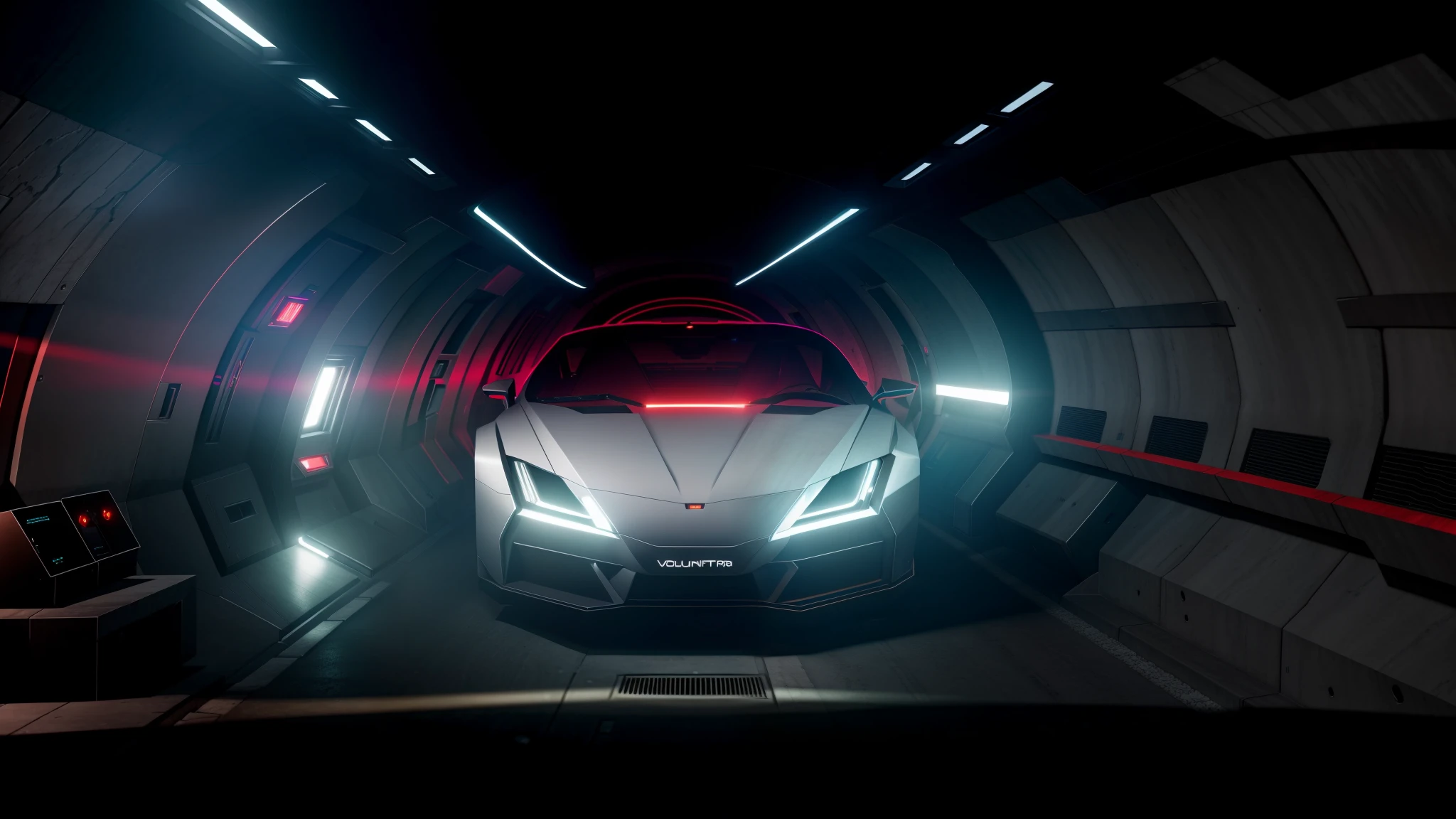 A spaceship with lights on in a tunnel at night, volumetric lighting — w 6 4 0, taken with a Sony A7R camera, detailed ambient lighting, gurney with ambient lighting, Volumetric illumination - N 9, 8K. voluminetric lighting, volumetric lighting - h 7 6 8, Volumetric illumination, 8 k''. voluminetric lighting. Dark
