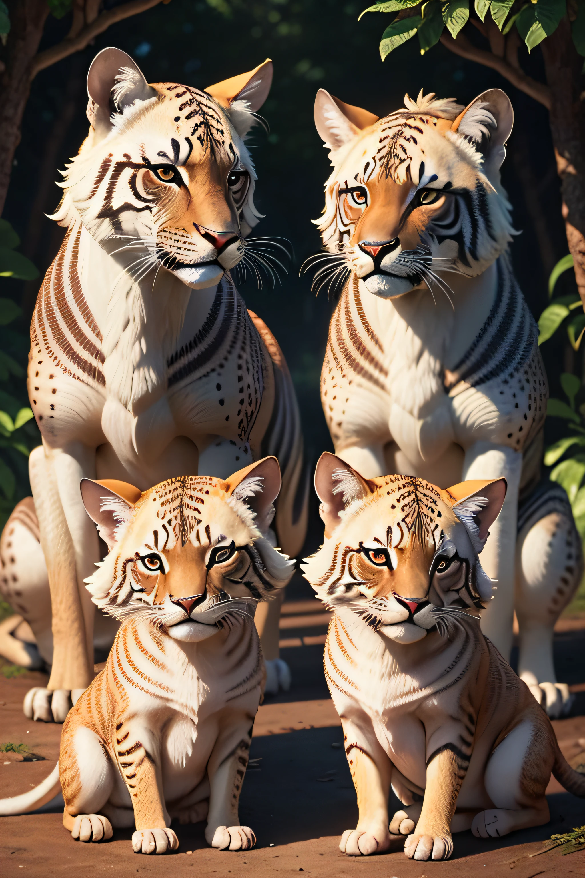 Por favor, gere uma imagem que retrate uma majestosa leoa no meio da imagem com seus quatro filhotes em seu habitat natural. Os filhotes devem ser compostos por dois maiores, more developed individuals, Muito perto da leoa, e outros dois filhotes menores. A leoa deve ser representada com uma postura confiante e vigilante, enquanto os filhotes maiores devem refletir a energia juvenil e os menores, The sweetness of childhood. A cena deve ser ambientada em uma paisagem que inclua elementos naturais, as vegetation, Light and shadow to create an authentic environment. The image should capture the complexity of family relationships and the beauty of wildlife. A leoa deve estar no meio da imagem junto de seu quatro filhotes