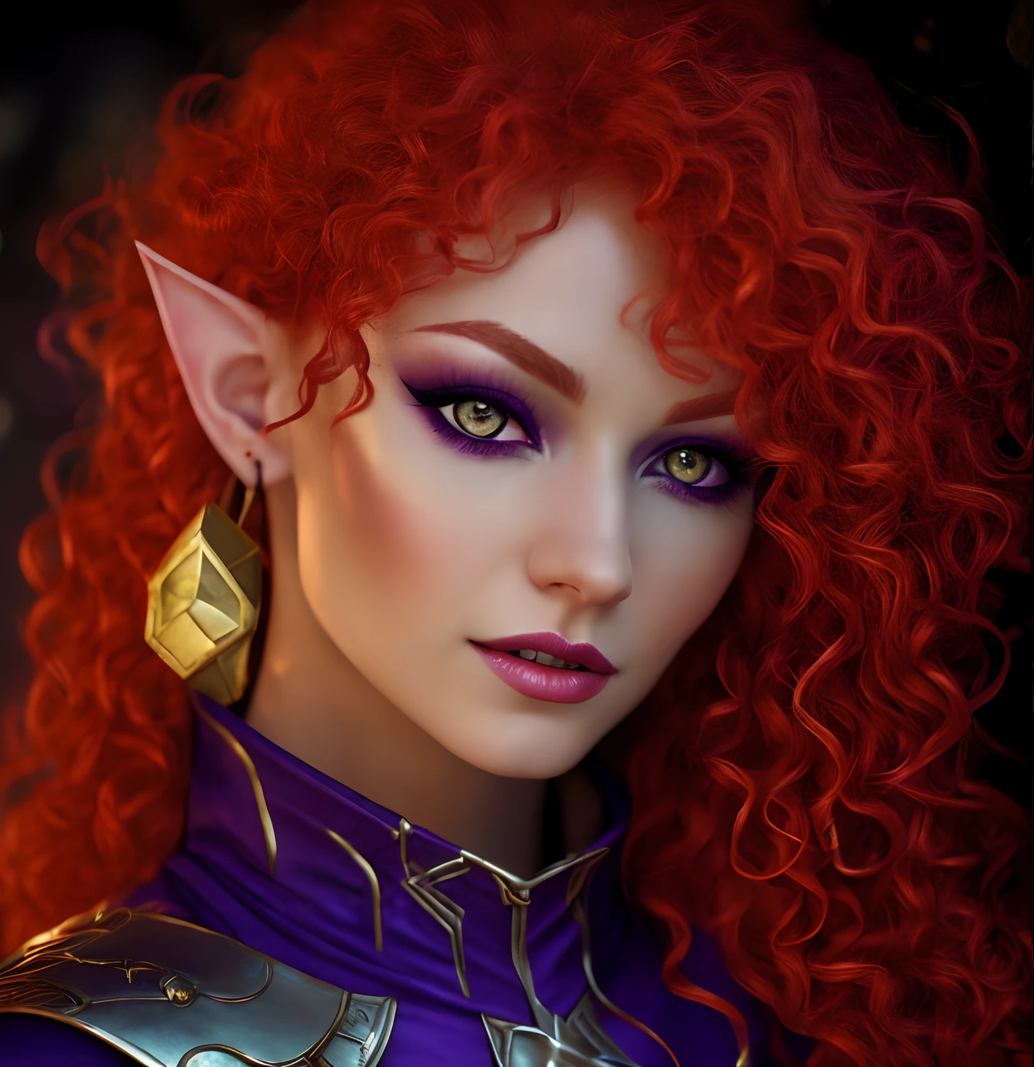 close up of rpg character, elven woman, red curly hair, golden earring, sly grin, purple eye shadow, dark eyes, portrait of an elf, dungeons & dragons character portrait, red color, ultra high detail