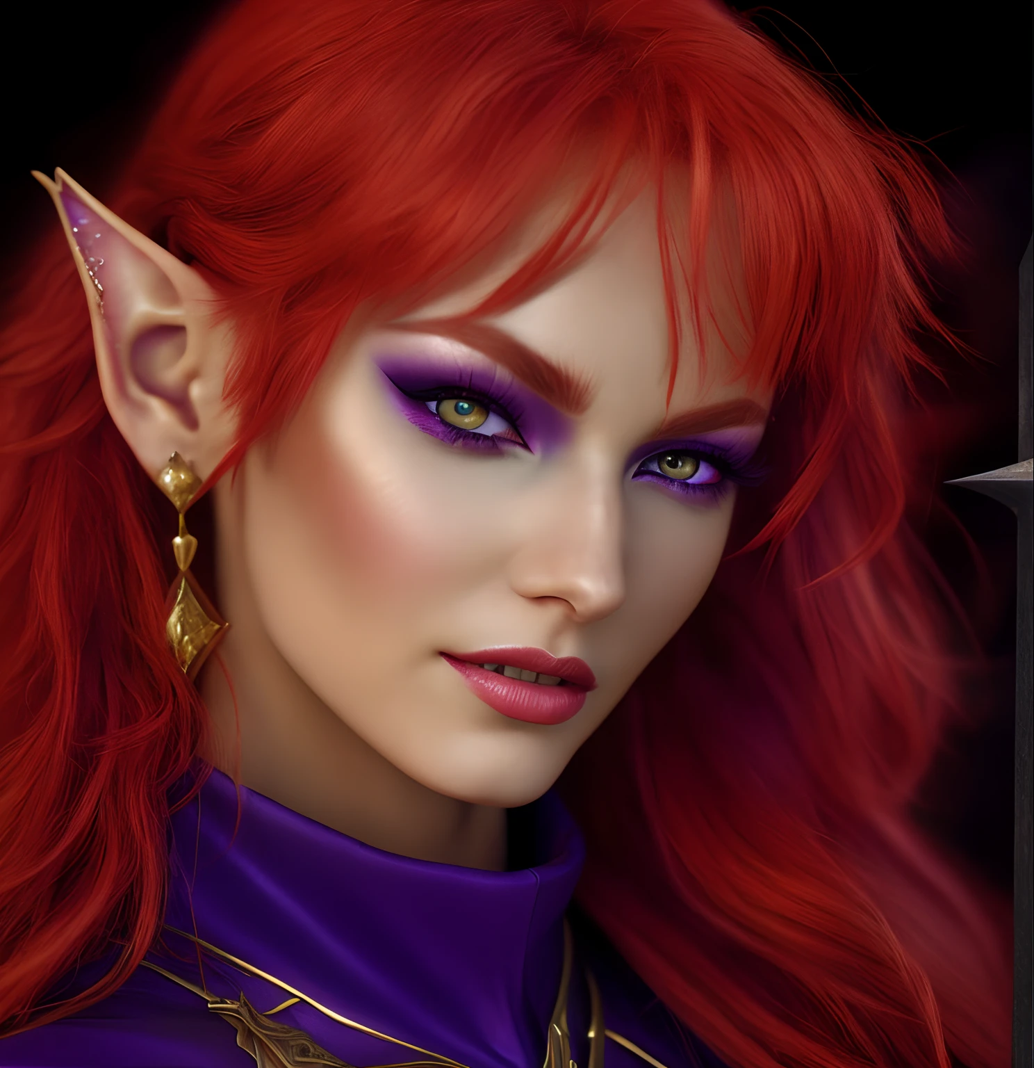 close up of rpg character, elven woman, red hair, golden earring, sly grin, purple eye shadow, dark eyes, portrait of an elf, dungeons & dragons character portrait, red color, ultra high detail