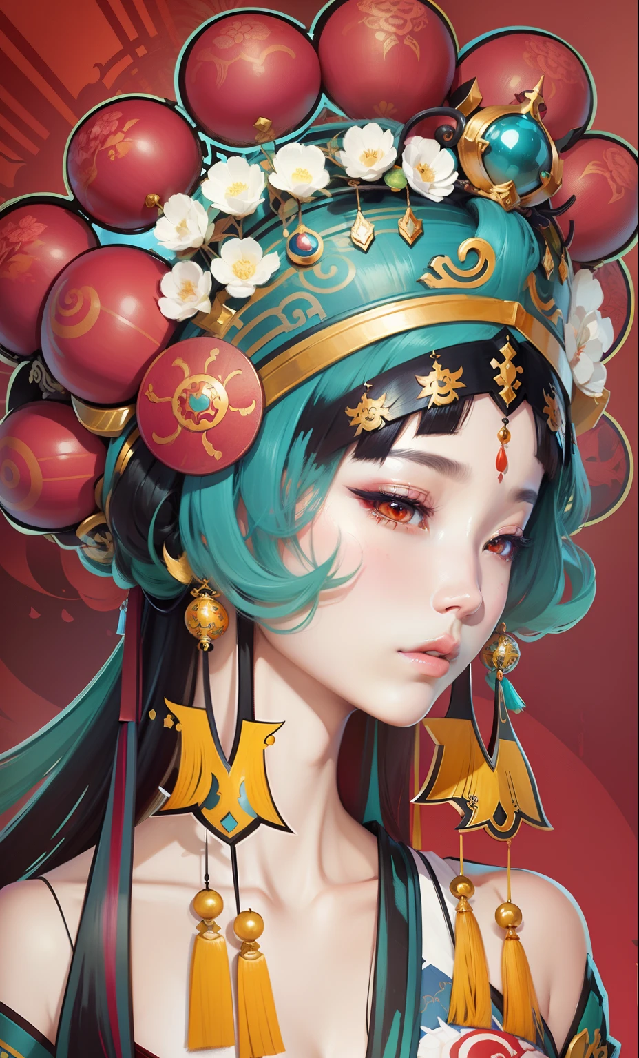 a painting of a woman with a crown on her head, korean art nouveau anime, japanese art on behance, by Zha Shibiao, cgsociety saturated colors, cyberpunk geisha, by Sun Kehong, onmyoji portrait, onmyoji detailed art, beautiful render of tang dynasty, ancient asian dynasty princess, by Lü Ji