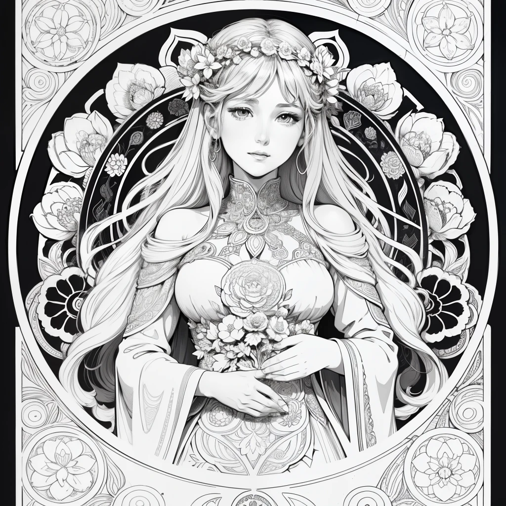 Black and white stick figure, line drawing, fine line art, flowers and goddesses