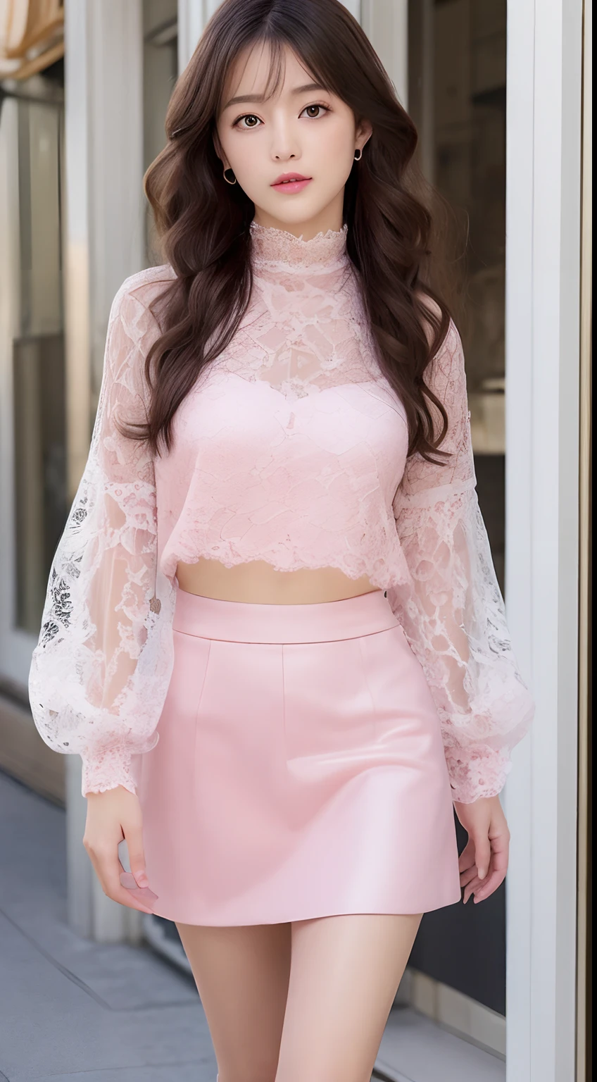 ((top-quality、8K、masterpiece:1.3))、Marble background、FULL BODYSHOT、女の子1人、Beautiful woman with slender abs:1.3、(long curly hair、爆乳:1.2)、Long Sleeve Pink Lace High Neck Shirt:1.1、hyperdetailed face、A detailed eye、Double eyelid hands on face、Korean Beauties、Japan beauties、Beauty of Spain、Pink lace skirt、beautiful and long legs、high-heels