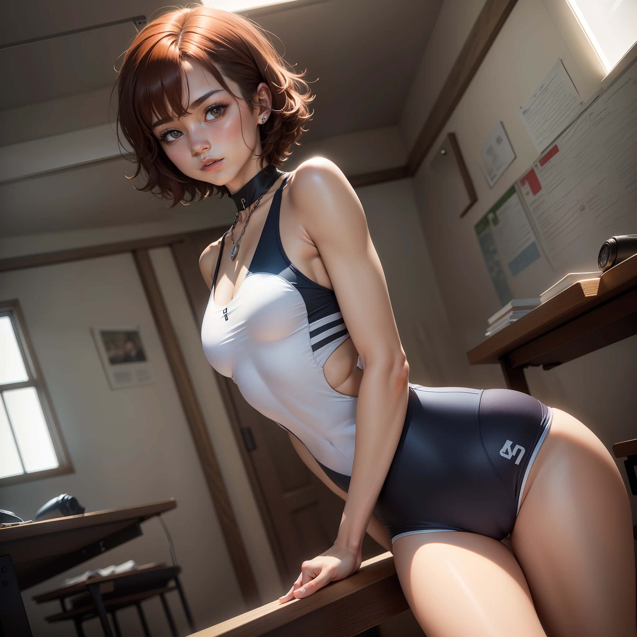 （（middlebreast，Tomboyish，small heads）），sunlights，rays of sunshine，（Well-defined abs：1.1），（perfect bodies：1.1），（Short wave hair：1.2），auburn hair，neckwear，chain，Full body photo，‎Classroom，Wear a one-piece swimsuit（（shorter pants）），（极其细致的CG 8k壁纸），（Extremely refined and beautiful），（tmasterpiece），（best qualtiy：1.0），（超A high resolution：1.0），beautiful light up，perfect lightning bolt，realistic shaded，[A high resolution]，Delicate skin，ultra - detailed