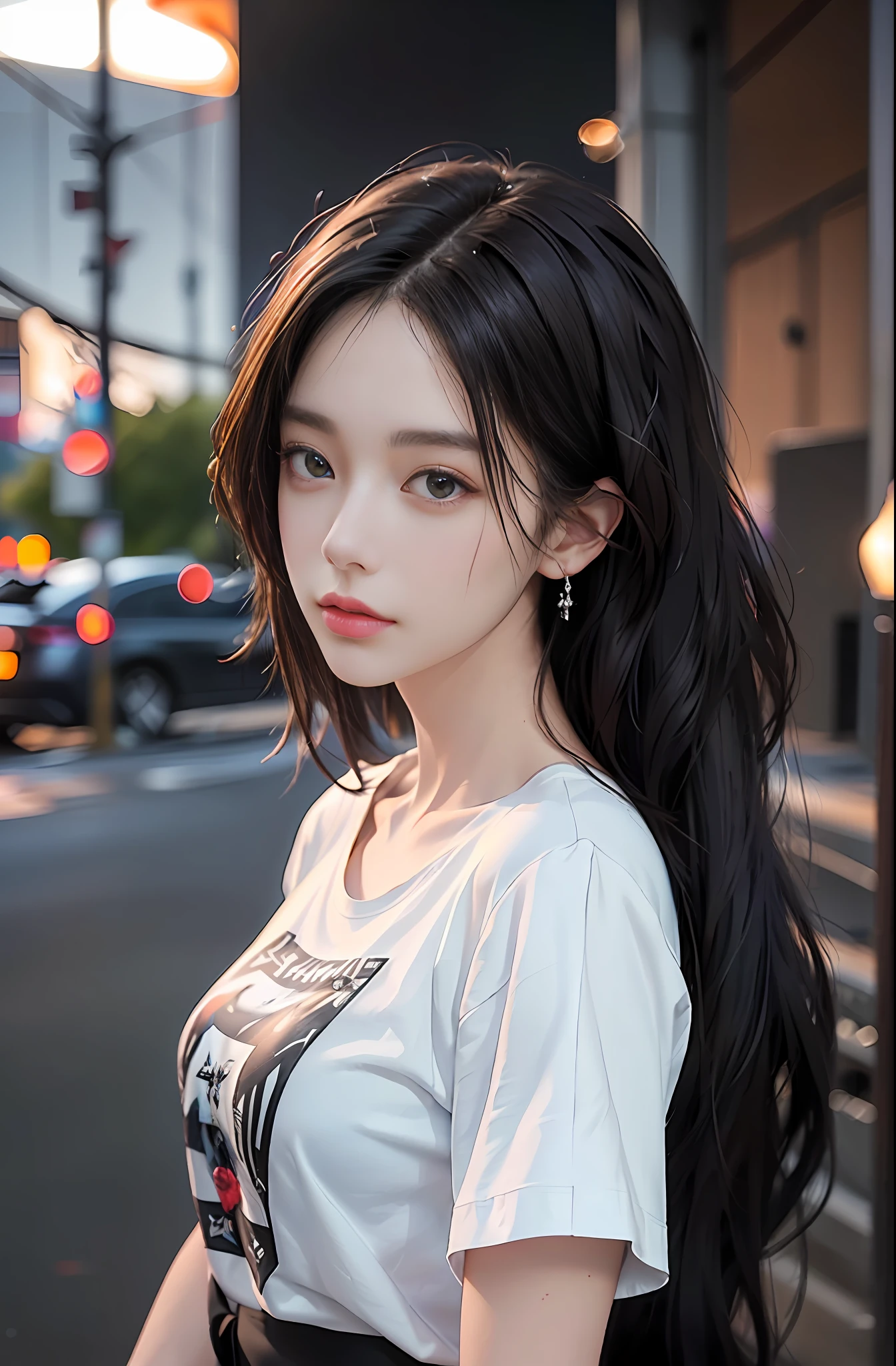 best quality, masterpiece, 1 girl, beautiful face, (photo photorealistic:1.3), edge lighting, (high detail skin:1.2), 8k ultra hd, dslr camera, high quality, high resolution, 4k, 8k, bokeh, ridiculous, best ratio four fingers and one thumb, (realistic:1.3), cute 1girl, wearing white t-shirt, medium breasts, white short skirt,