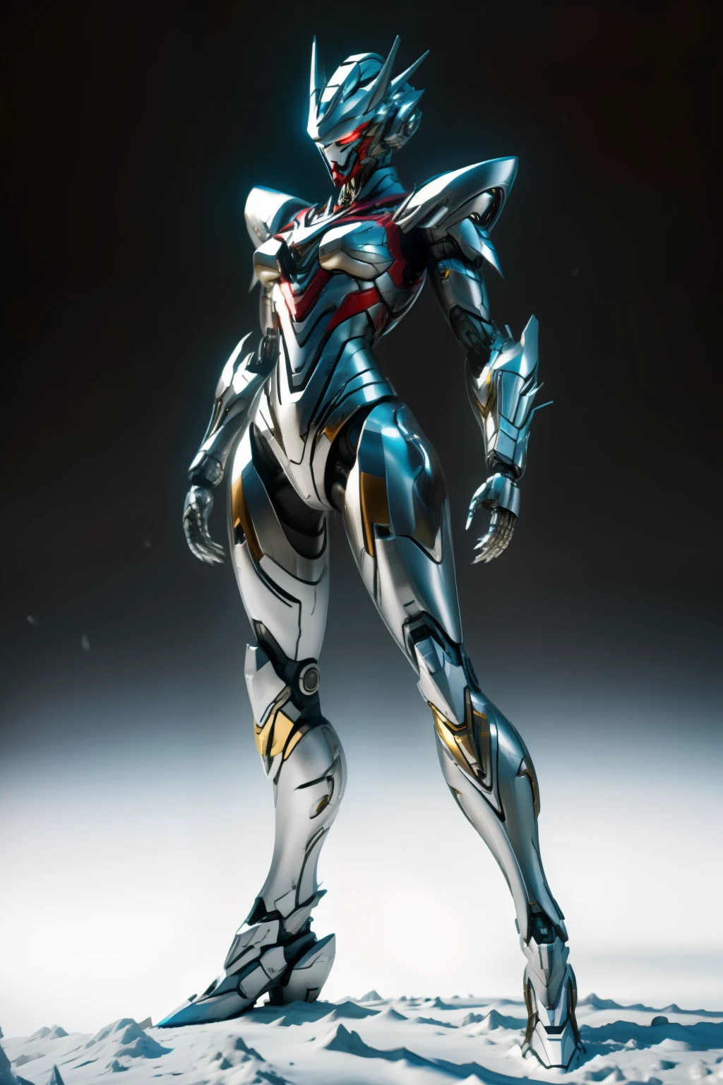 masterpiece、top-quality、hight resolution、cyberpunked、Real with creativity、Full body of metal body、Slender woman、Beast Woman、Ultraman、snow-white body、(Stance:1.1)、Biomechanics、 Megacities of the future、Dramatic Lighting、