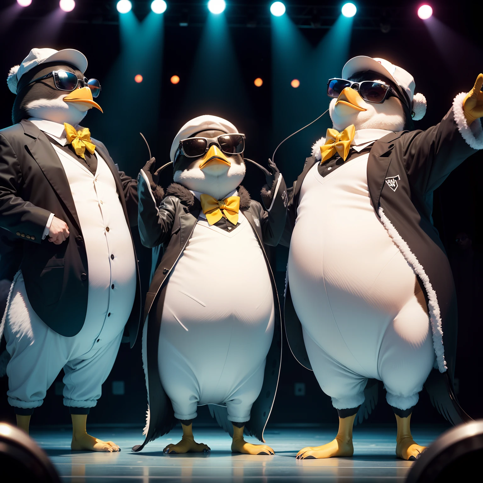 Penguins in sunglasses dancing to hip-hop music