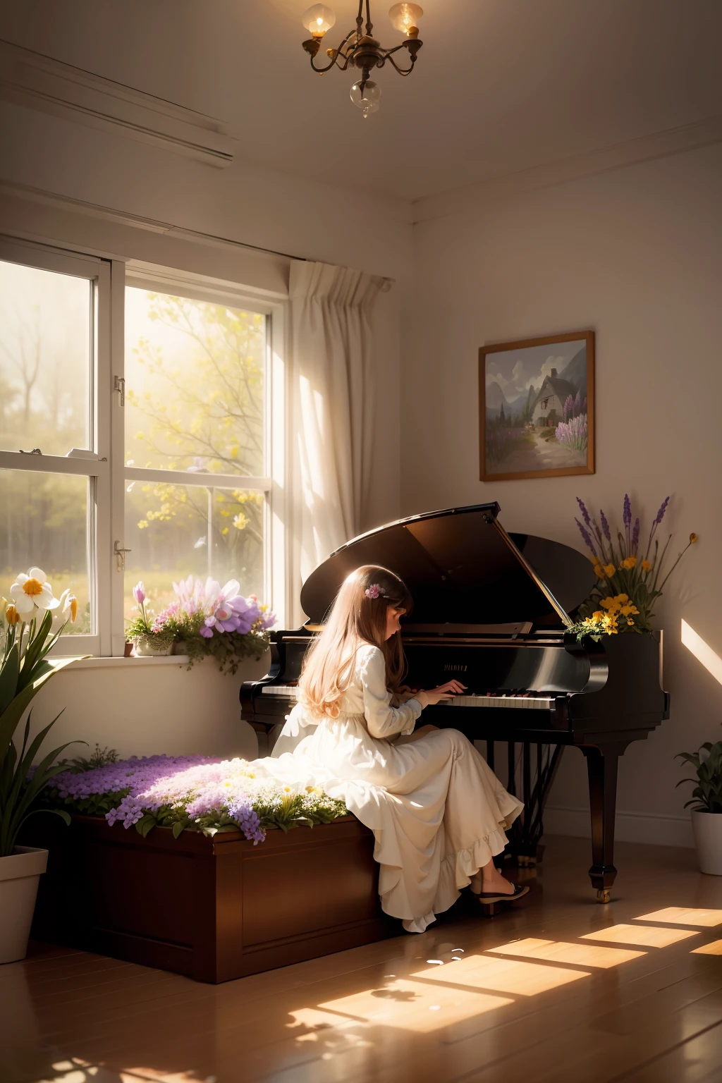 fickle　Cartoon-like illustration of a fantastic world　In the wilderness　The outside world　piano　unmanned　flower  field　Piano covered with flowers　natural soft light　Helheiris flower　houseplant　colourfull　Flowers in the room　Piece of art　tender　Warm　Modern　Sophisticated　In a dream　Outside the room　Open　Outside the room