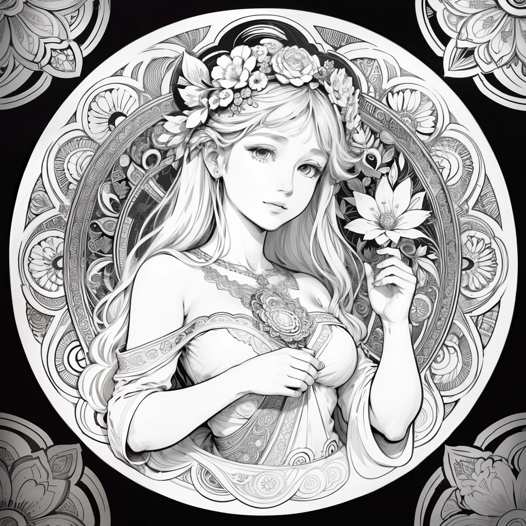 Flowers and goddess, garden, art for coloring book page, full white background, only use outline, line art, coloring book, clean line art, mandala for coloring with nature ornaments, simple and clean line art, coloring book page, adorned in Art Nouveau style, with a stroke of Alfons Mucha's brush, perfect details, real.