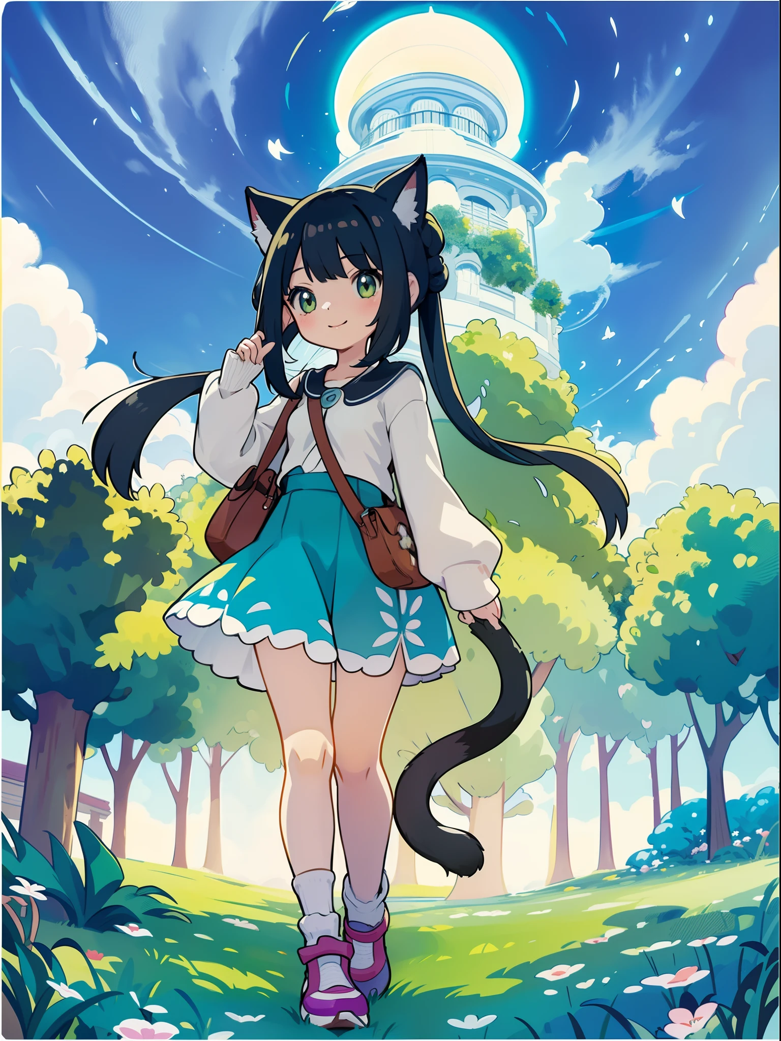 1girl in,A pokémon_The card,(top-quality), (high_quality), (Convoluted_Details), (ultra-detailliert), (illustratio), (Distinct_image),saito_naoki,city scenery、Rainbow views、Accompanied by a cat((Cute cat1.5))