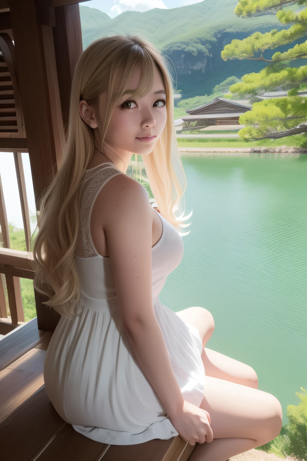 myself、femele、Overlooking、二重まぶた、the viewer、realisitic、a blond、gals、top-quality、hight resolution、a picture、Mare、lake