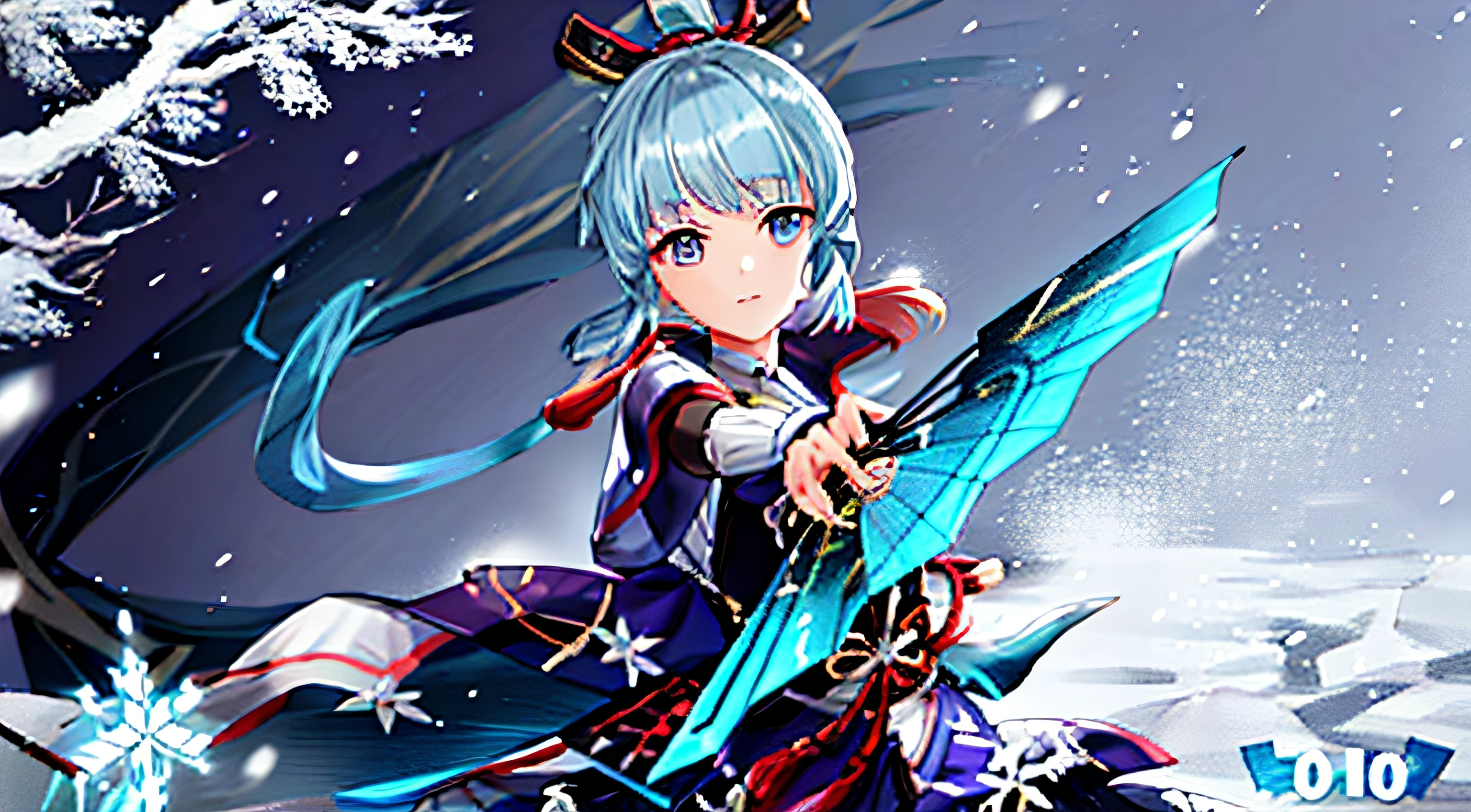 A character in the Genshin video game，He is Ayaka Kamisato from Genshin，Close-up of holding a fan on snow-covered ground。