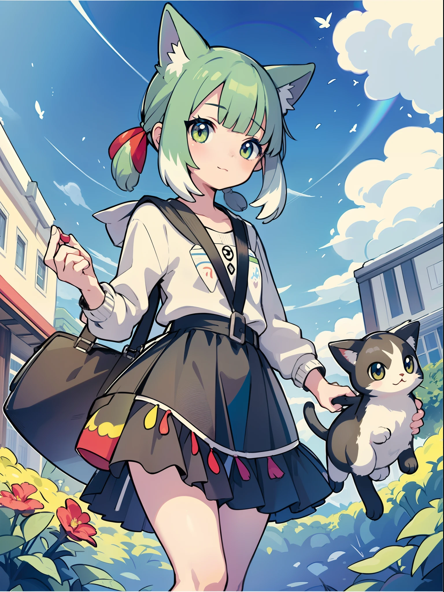1girl in,A pokémon_The card,(top-quality), (high_quality), (Convoluted_Details), (ultra-detailliert), (illustratio), (Distinct_image),saito_naoki,city scenery、Rainbow views、Accompanied by a cat((Cute cat1.5))