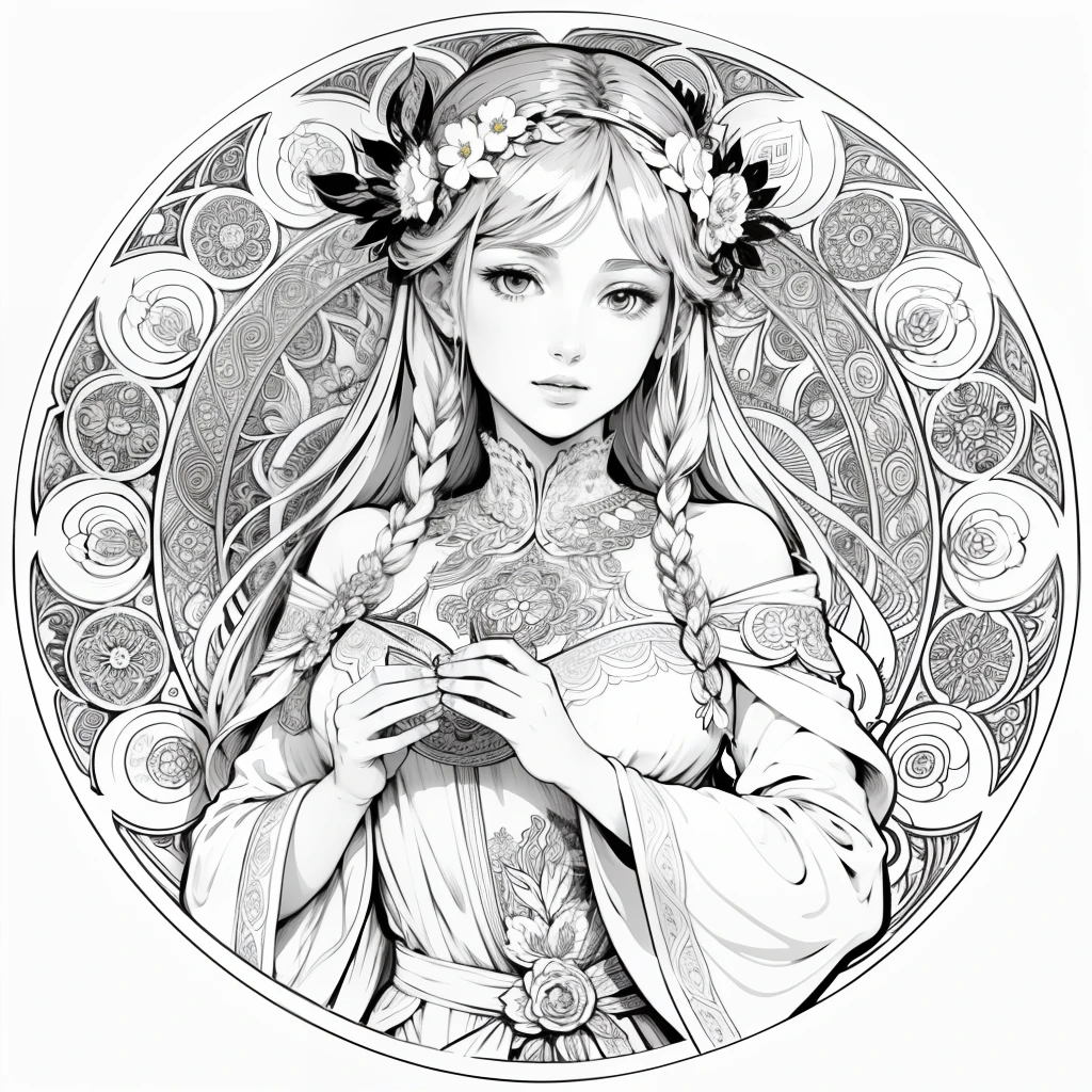 Flowers and goddess, garden, art for coloring book page, full white background, only use outline, line art, coloring book, clean line art, mandala for coloring with nature ornaments, simple and clean line art, coloring book page, adorned in Art Nouveau style, with a stroke of Alfons Mucha's brush, perfect details, real.