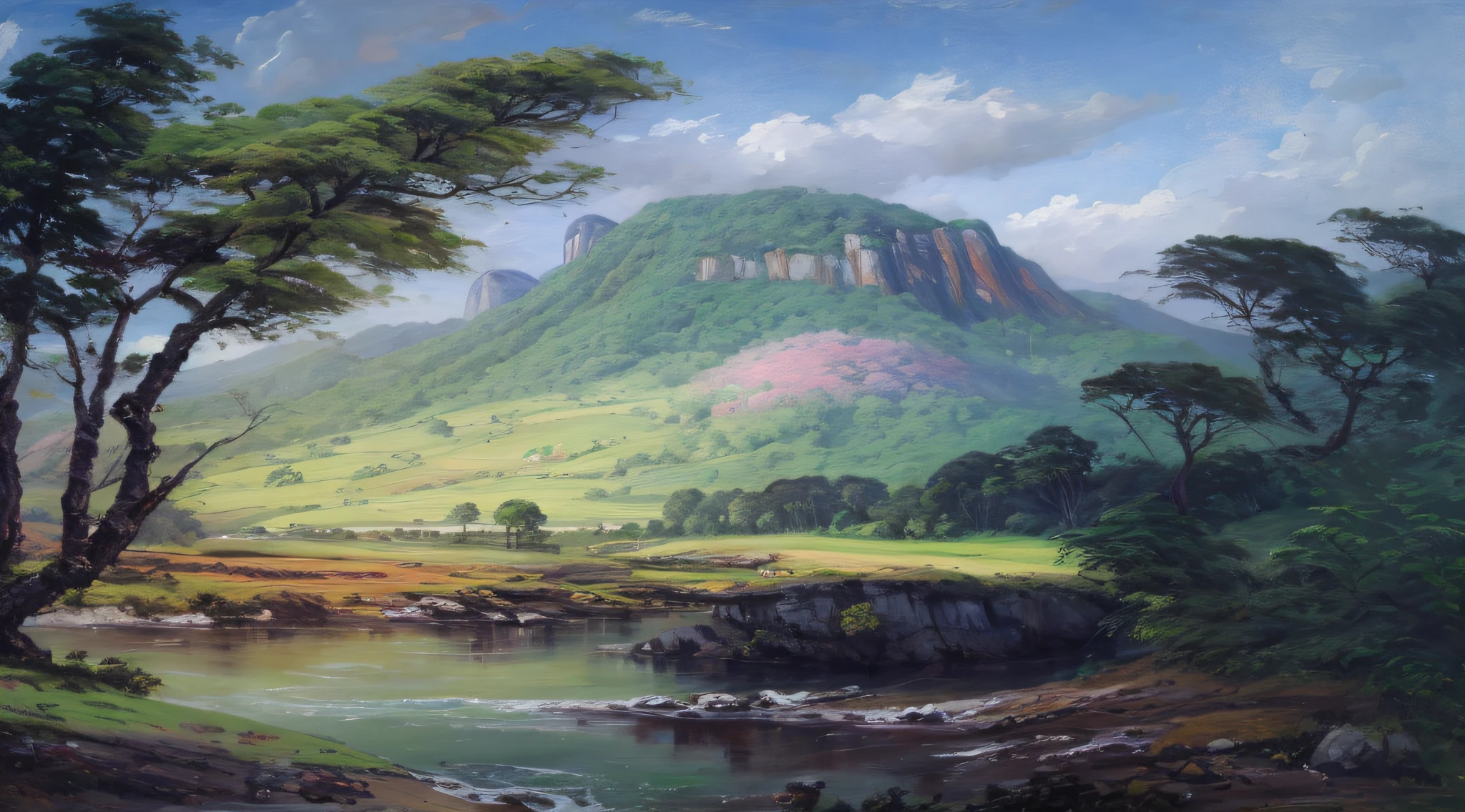 pintura de um rio que atravessa um vale verde exuberante com montanhas ao fundo, colinas fluidas, 8k resolution digital painting, 8k resolution digital painting, Pintura digital 4K, Pintura digital 4k, pintura digital detalhada, baixo detalhamento. pintura digital, Pintura Digital de Alto Detalhe, peaceful landscape, rio, trees and hills, pintura detalhada 4K, pintura digital 4k