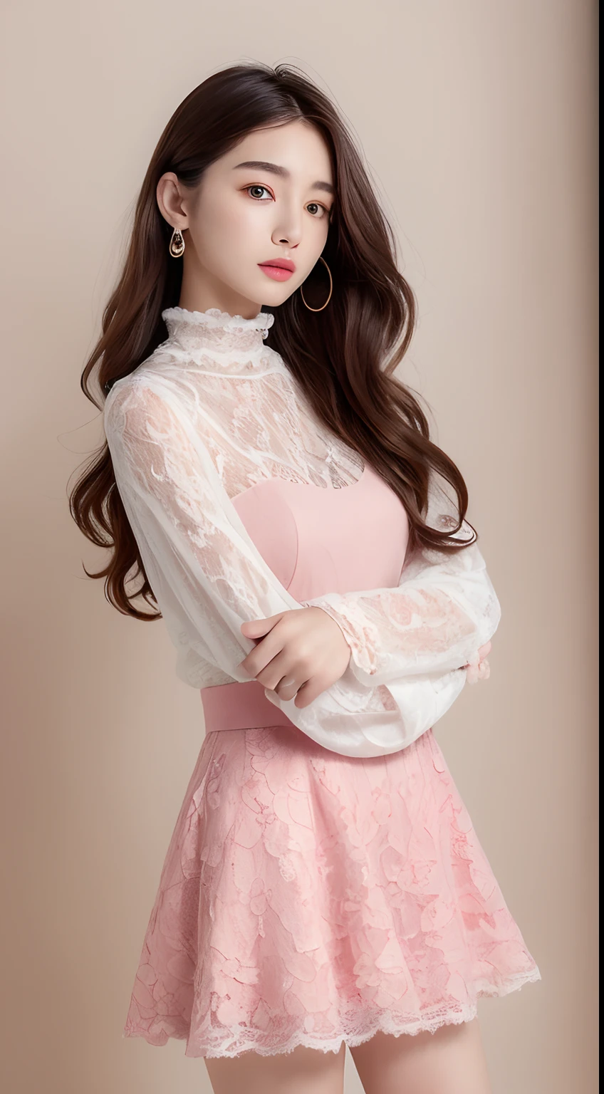 ((top-quality、8K、masterpiece:1.3))、Marble background、FULL BODYSHOT、女の子1人、Beautiful woman with slender abs:1.3、(long curly hair、爆乳:1.2)、Long Sleeve Pink Lace High Neck Shirt:1.1、hyperdetailed face、A detailed eye、Double eyelid hands on face、Korean Beauties、Pink lace skirt、beautiful and long legs、high-heels、Walking