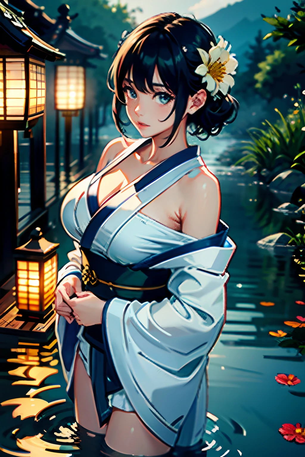 there is woman that is in onsen,(((A MILF: 1.4))), (Curvy:1.35),(((Dark skin))),Curvy physique,, Thick body，((big nipple)),((Completely naked)), (((The breasts overflow from yukata))),((Transparent yukata)),(open legs),((pubic hair)), high-end onsen, Onsen, sakimichan, model in Japan，((Sexual suggestiveness)),