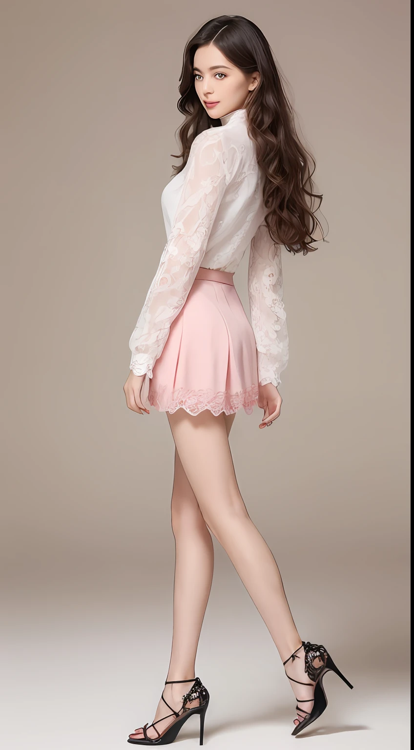 ((top-quality、8K、masterpiece:1.3))、Marble background、FULL BODYSHOT、1人、Beautiful woman with slender abs:1.3、(long curly hair、爆乳:1.2)、Long Sleeve Pink Lace High Neck Shirt:1.1、hyperdetailed face、A detailed eye、Double eyelid hands on face、Korean Beauties、Pink lace skirt、beautiful and long legs、high-heels、Walking