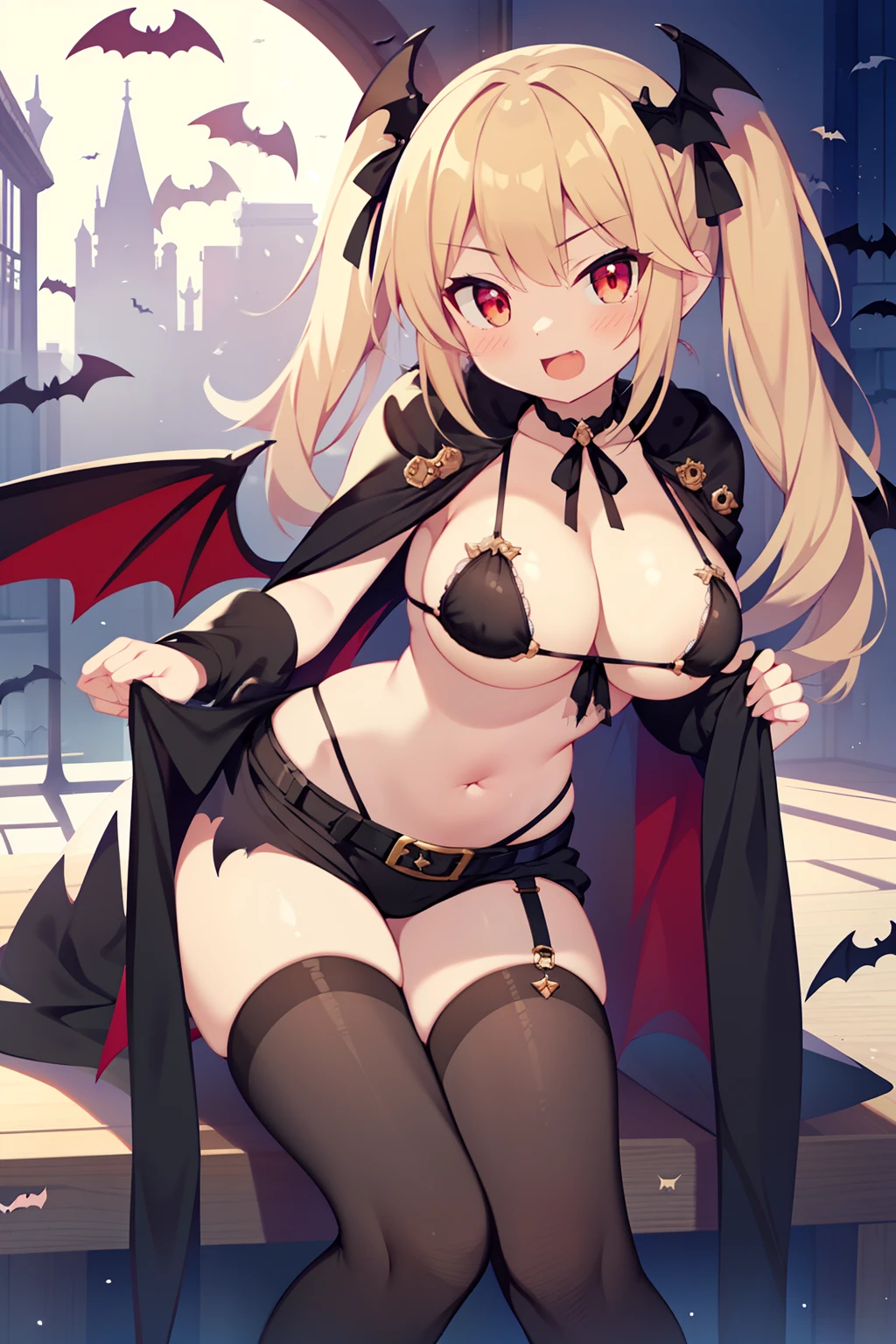 1girl in, Solo, Perfect body, Best Quality, Cute Girl, Tsundere:1.1, Vampire attire, Vampire Princess:1.2, Devil's Bra, Bikini pants, very large breast, a blond, Long twintails, Black Ribbon Hair Fastening, Tsuriformes, sharp eye, Sanpaku eyes, High pressure expression, Open mouth, Condescending look, Mouth smiling, queen, Noble atmosphere, Fine-grained skin, a choker, View of the valley, Navel Ejection, Raw feet, a belt on the thighhigh, Black cloak, (Bat Wings:1.5), Bright red eyes, Shining eyes, (NSFW:0.8), 8K, a belt on the thighhigh, Skinny Legs,