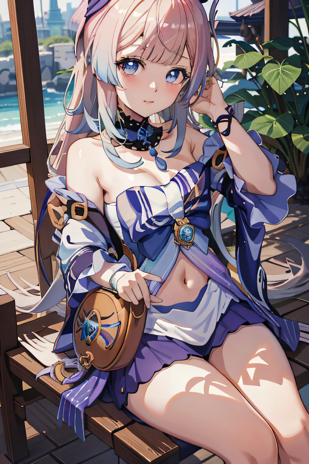 Anime girl sitting on bench，Hold a wallet and hat, Keqing from Genshin Impact, Ayaka Genshin impact, Genshin, small curvaceous loli, Extremely detailed Artgerm, Anime goddess, Marin Kitagawa fanart, ayaka game genshin impact, alchemist girl, trending on artstation pixiv, Splash art anime Loli