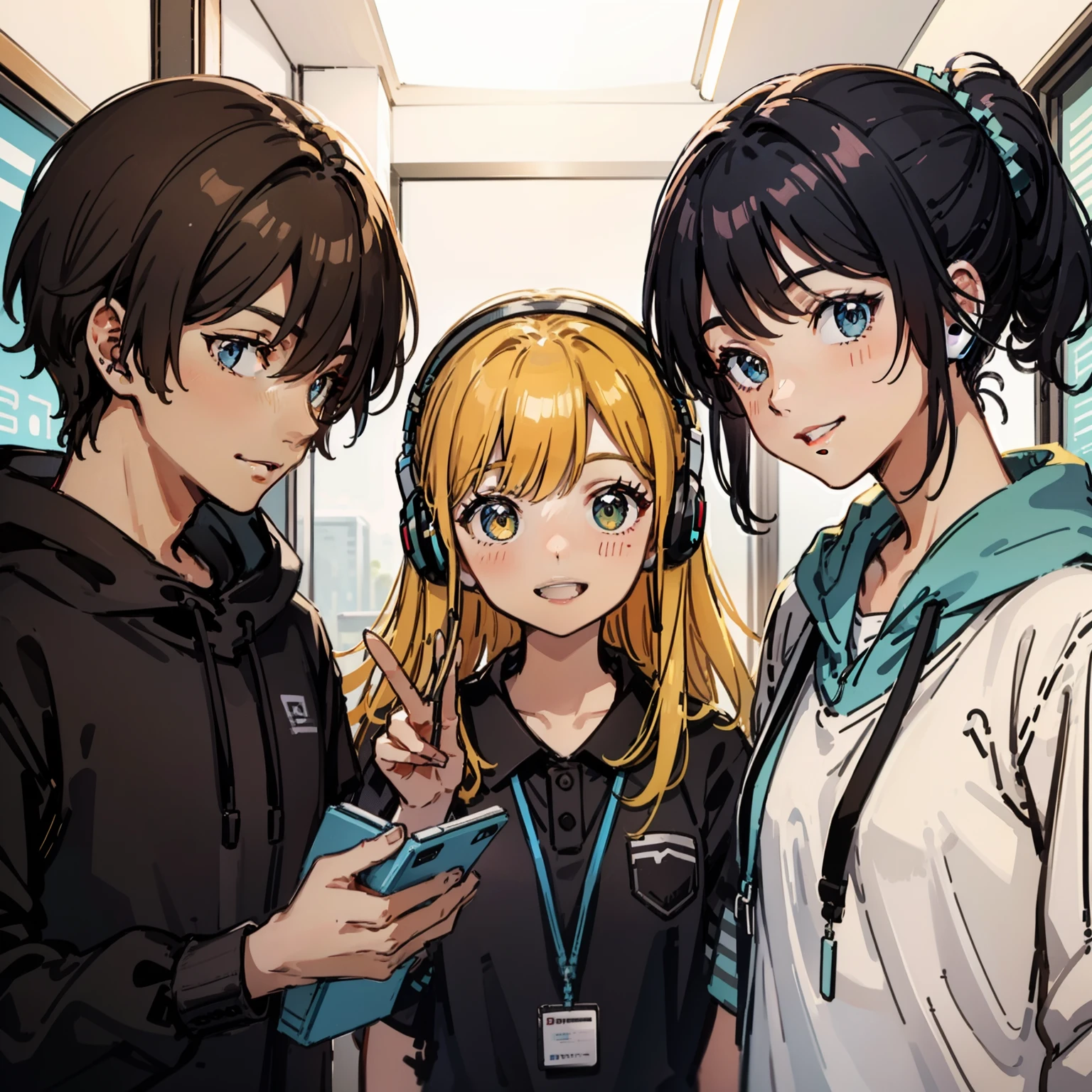 The background is office、Income with two men and women in their 20s wearing headsets in plain clothes、Bright smile、You are operating a PC on your desk