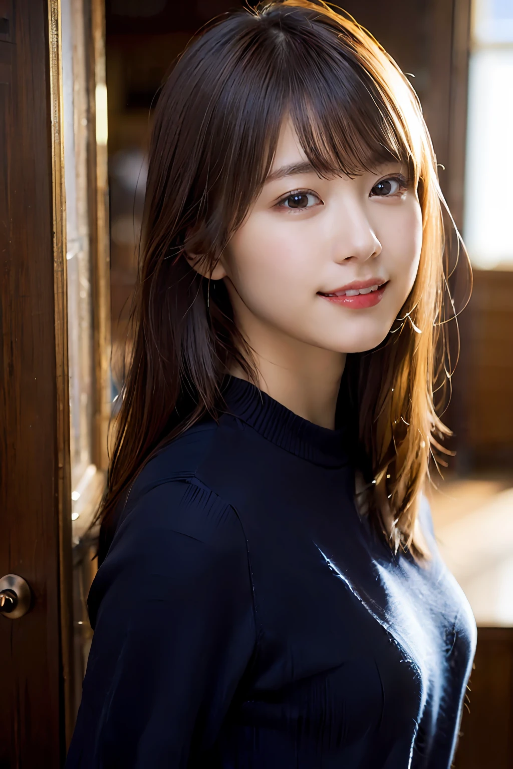 (8k, RAW photo, best quality, masterpiece:1.2), (realistic, photo-realistic:1.37), ultra-detailed, ultra high res,1 girl,looking at viewer,beautiful detailed face,smile,narrow,(slim waist:1.3),shirt, beautiful detailed skin, skin texture, floating hair,professional lighting,