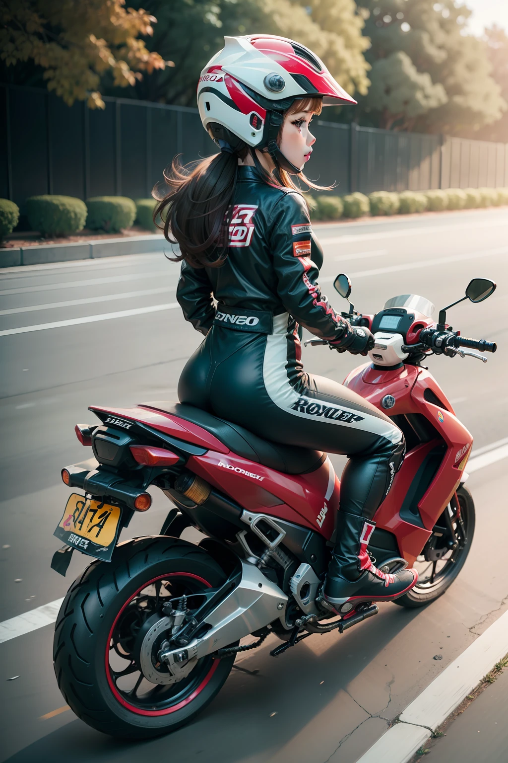 Girl straddling a scooter　HONDA ADV150　Red Scooter　Girl in racing suit　ﾊﾞﾚﾝﾃWearing an Inno Rossi helmet