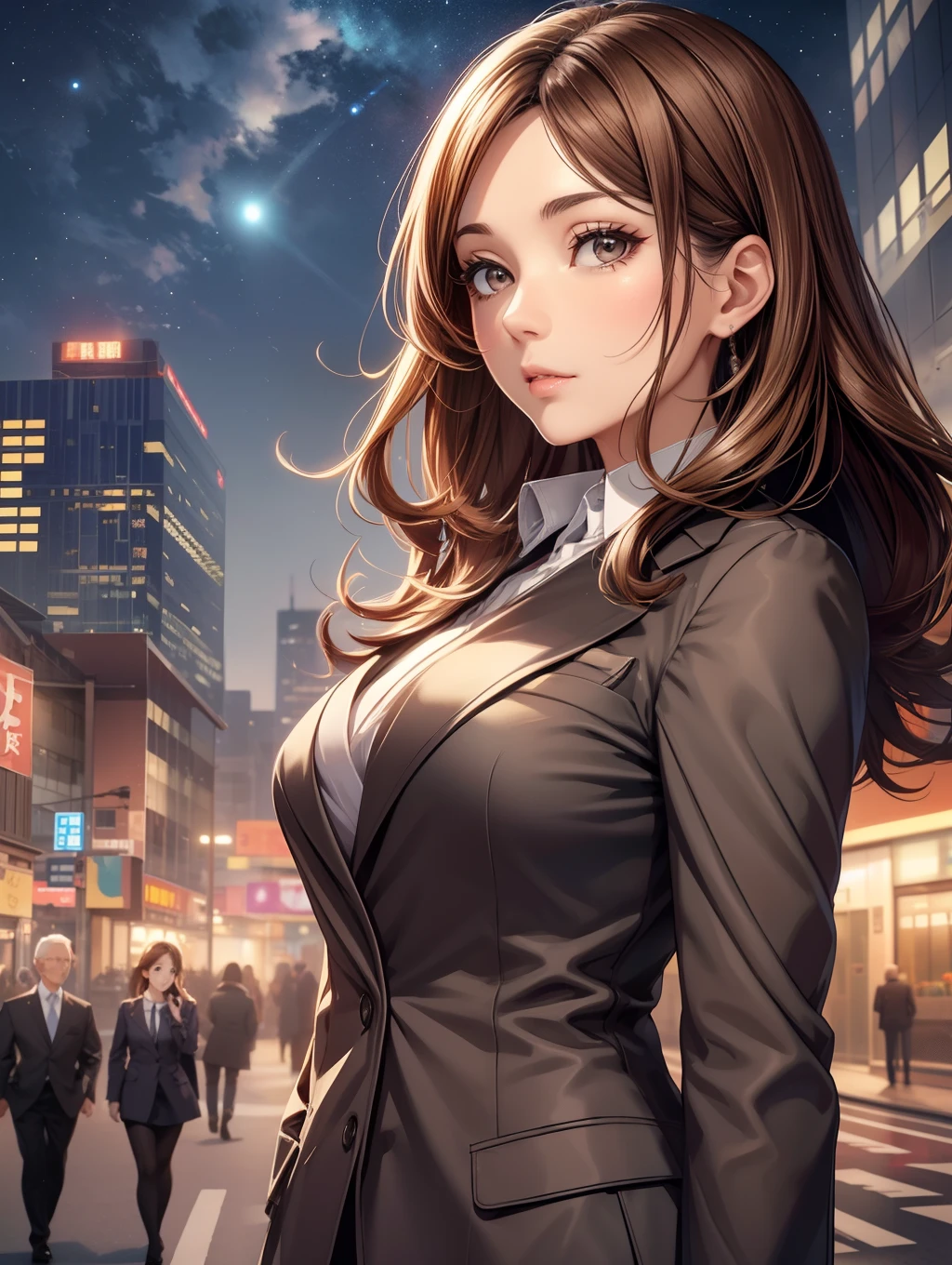 Bewitching anime busty woman in light blue suit and tight skirt、Black tights,Inviting look、Show off your chest、Shirt and brown hair,Ecchi anime style, bending forward,Kamimei,Red Light District at Night,neons、Bokeh in the background
