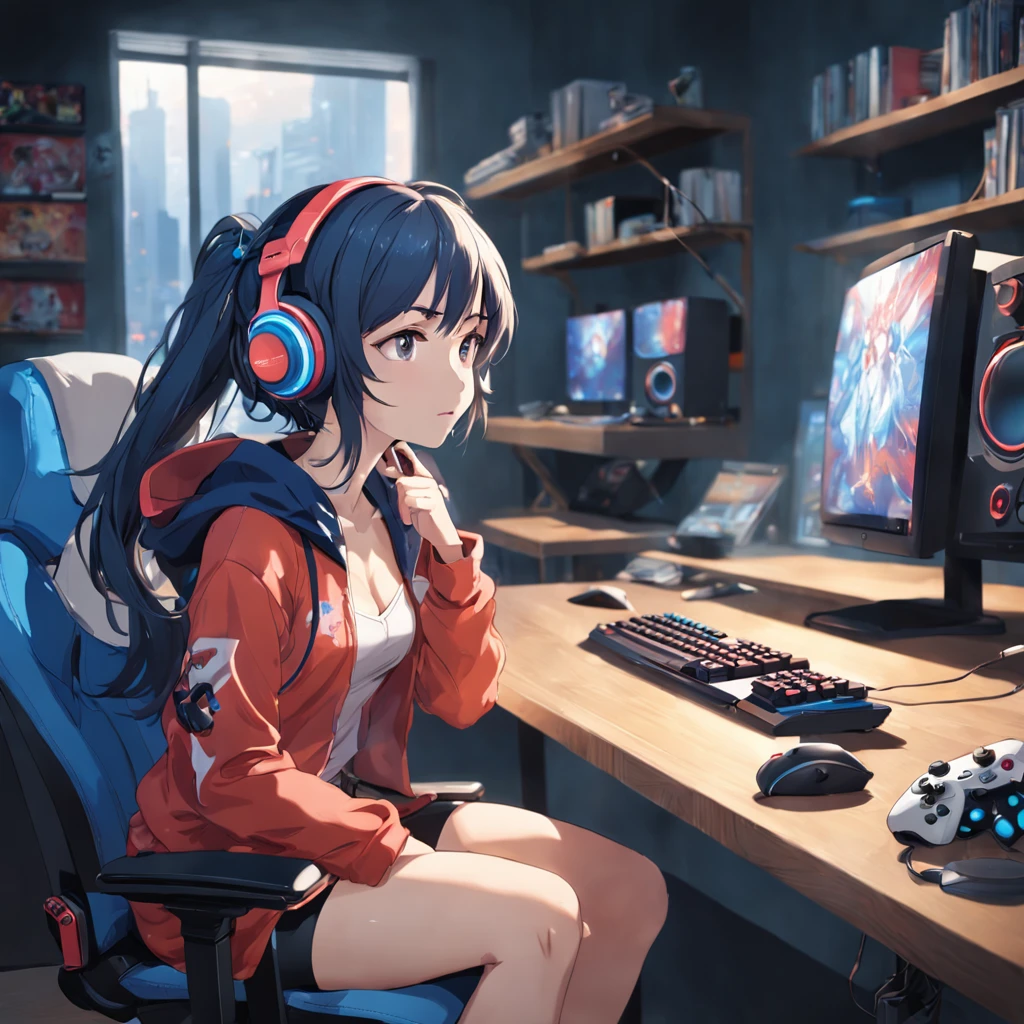 A full-body shot of a woman sitting at a desk, playing a video game. She is wearing a comfortable outfit, and she has a relaxed expression on her face. There is a gaming headset on her head, and her hands are on the keyboard and mouse.