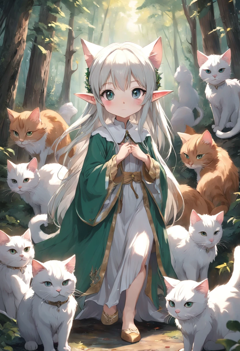 Little girl cat elf，Hairy ears，Cute looking，Inside the woods，There are a lot of small birds，Very beautiful long dress，Surrounded by a group of kittens，Big furry tail，There are snow-white hairs