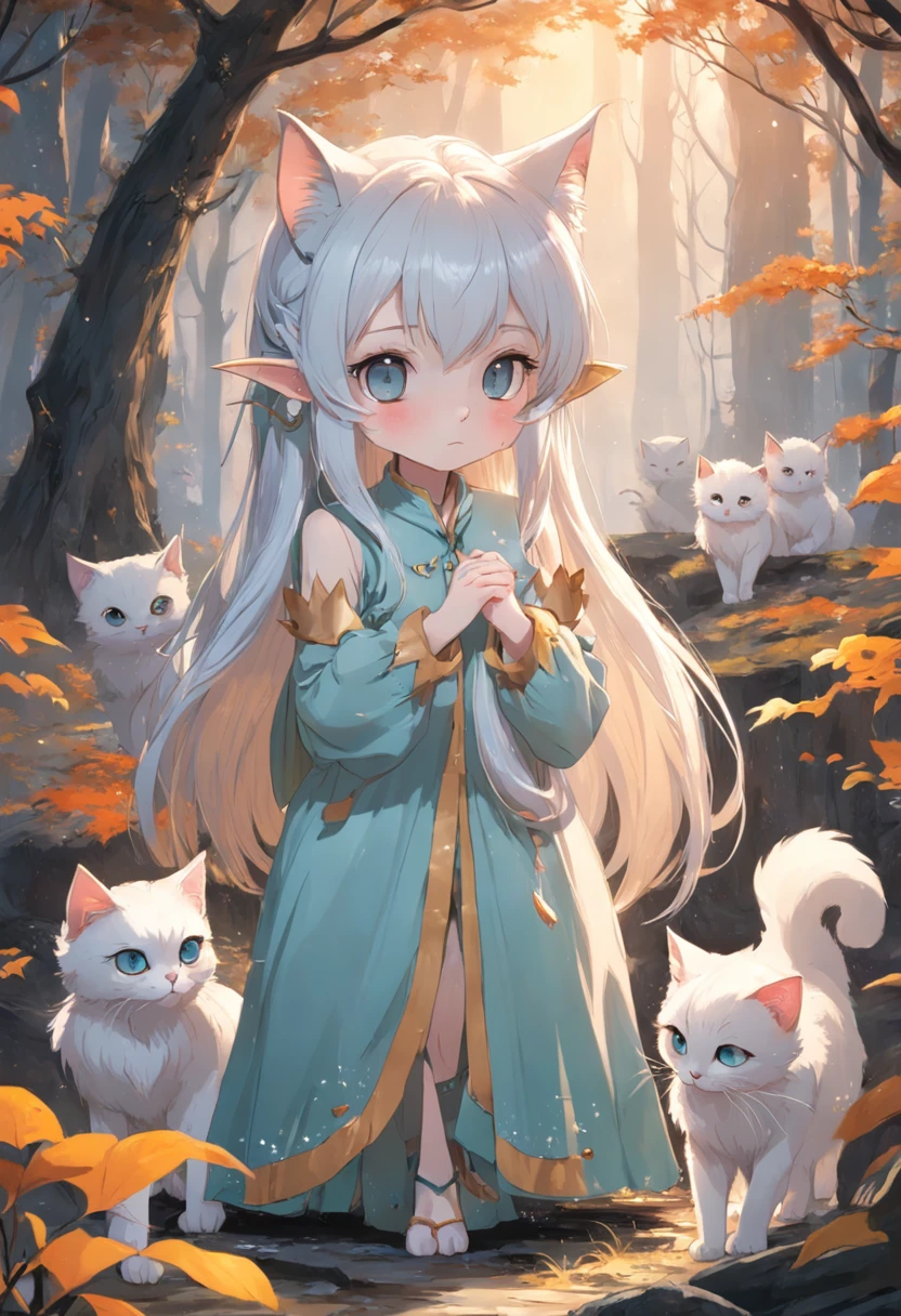  cat elf，Hairy ears，Cute looking，Inside the woods，There are a lot of small birds，Very beautiful long dress，Surrounded by a group of kittens，Big furry tail，There are snow-white hairs
