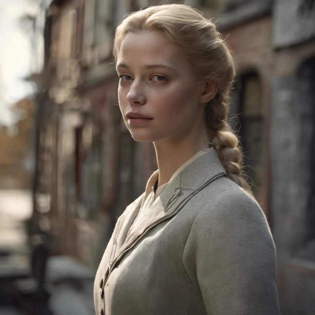 Lonely young girl, in full height, Slavic appearance: White Skin Skin; rectangular-oval face type; pointed chin with a dimple; high forehead; blond hair; hair up to the shoulders; swamp eye color; Straight nose; high nose, athletic build, Tall stature, breasts of the second size, She is dressed in a gray double-breasted overcoat with six clasps, against the background: European stone cobbled street from the mid-20th century; jour; Two-storey stone houses of the mid-20th century, max detail, Masterpiece quality, black leather gloves, in the middle of the street, High quality shadows, High quality of light, High quality clothing.